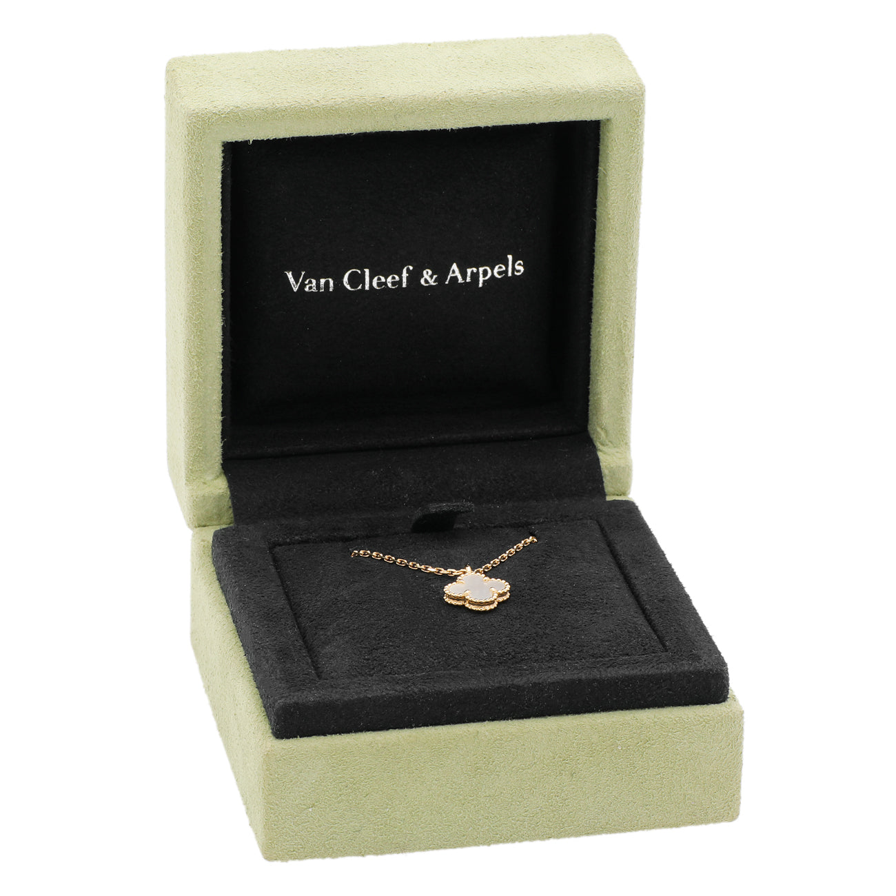 Exclusive Van Cleef & Arpels 18K Yellow Gold Mother of Pearl Sweet Alhambra Pendant Necklace — Detail View