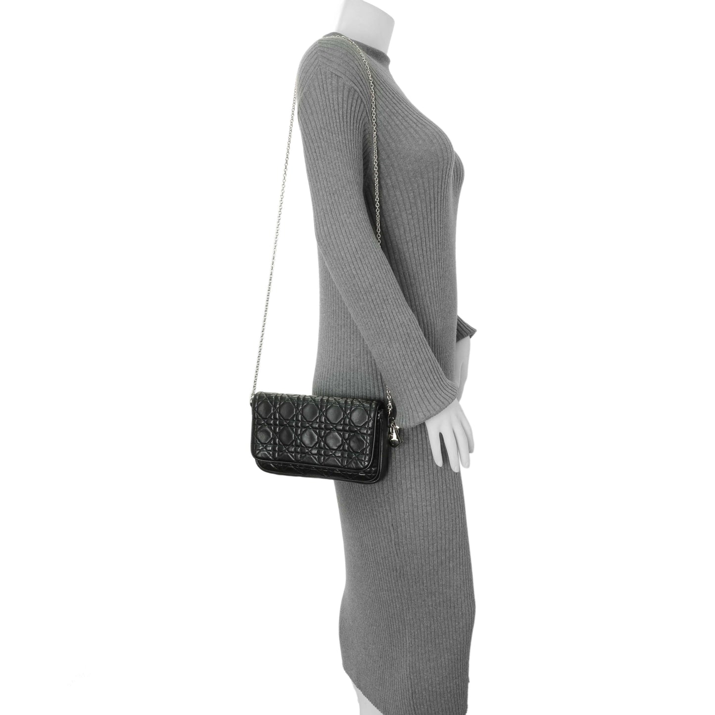 Exclusive Christian Dior Black Lambskin Cannage Wallet On Chain — Alternate View 7