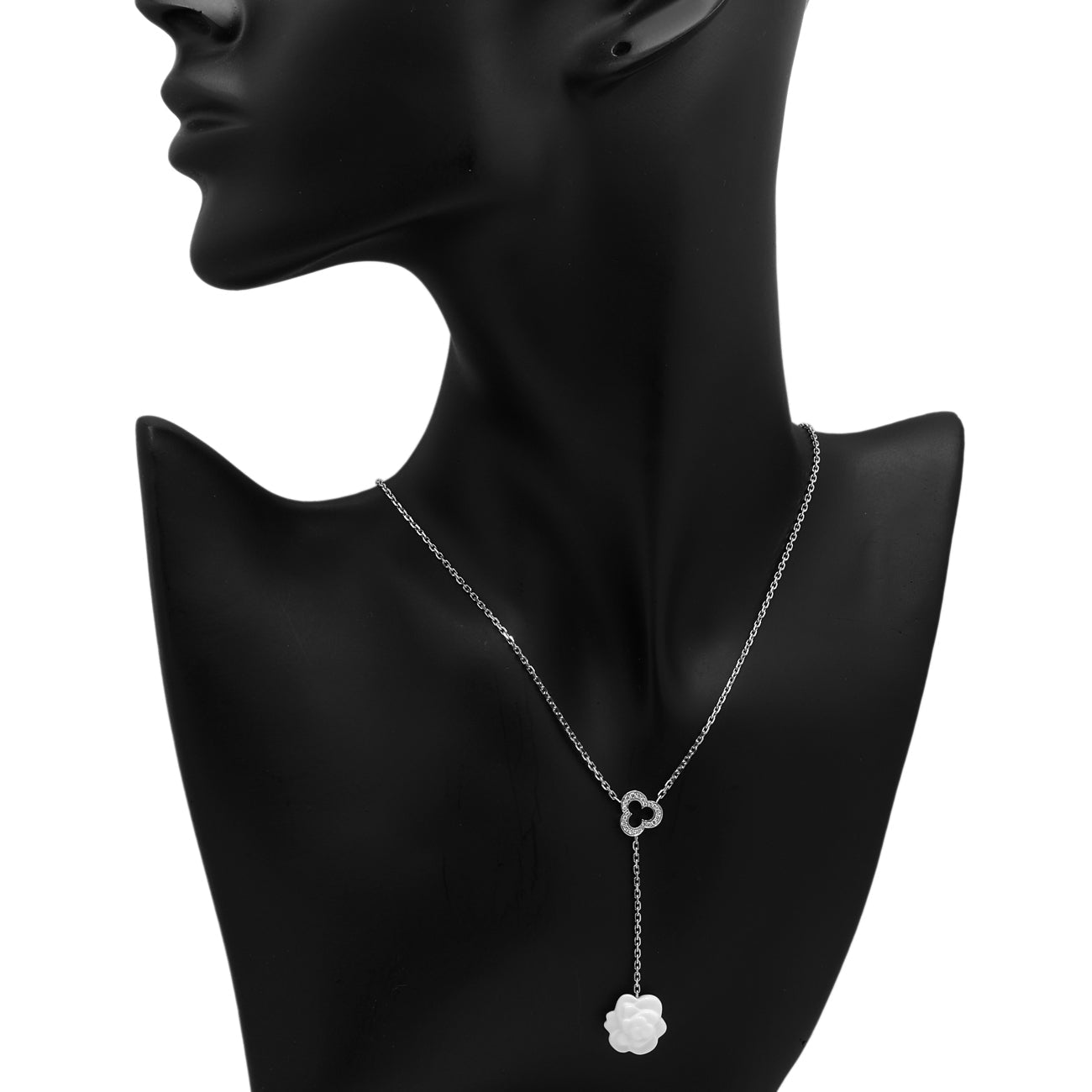 Exclusive Chanel 18K White Gold Diamond Agate Camelia Sculpte Pendant Necklace — Top View