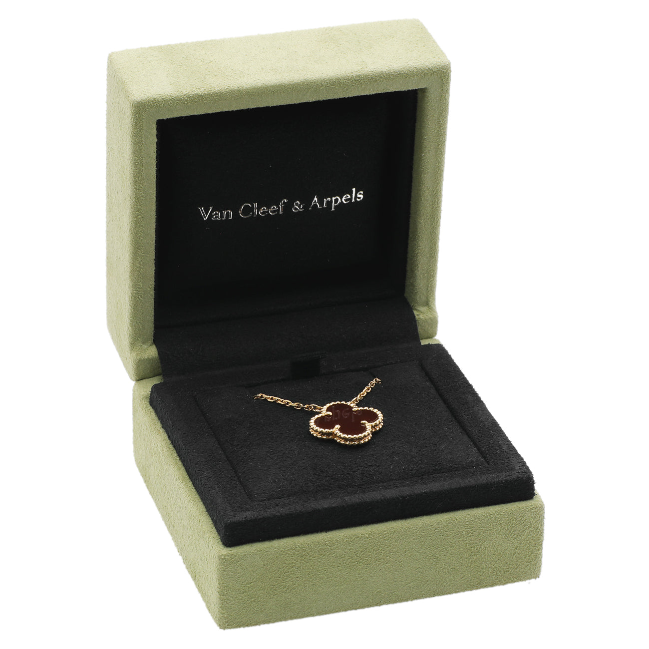 Exclusive Van Cleef & Arpels 18K Yellow Gold Carnelian Vintage Alhambra Pendant — Detail View