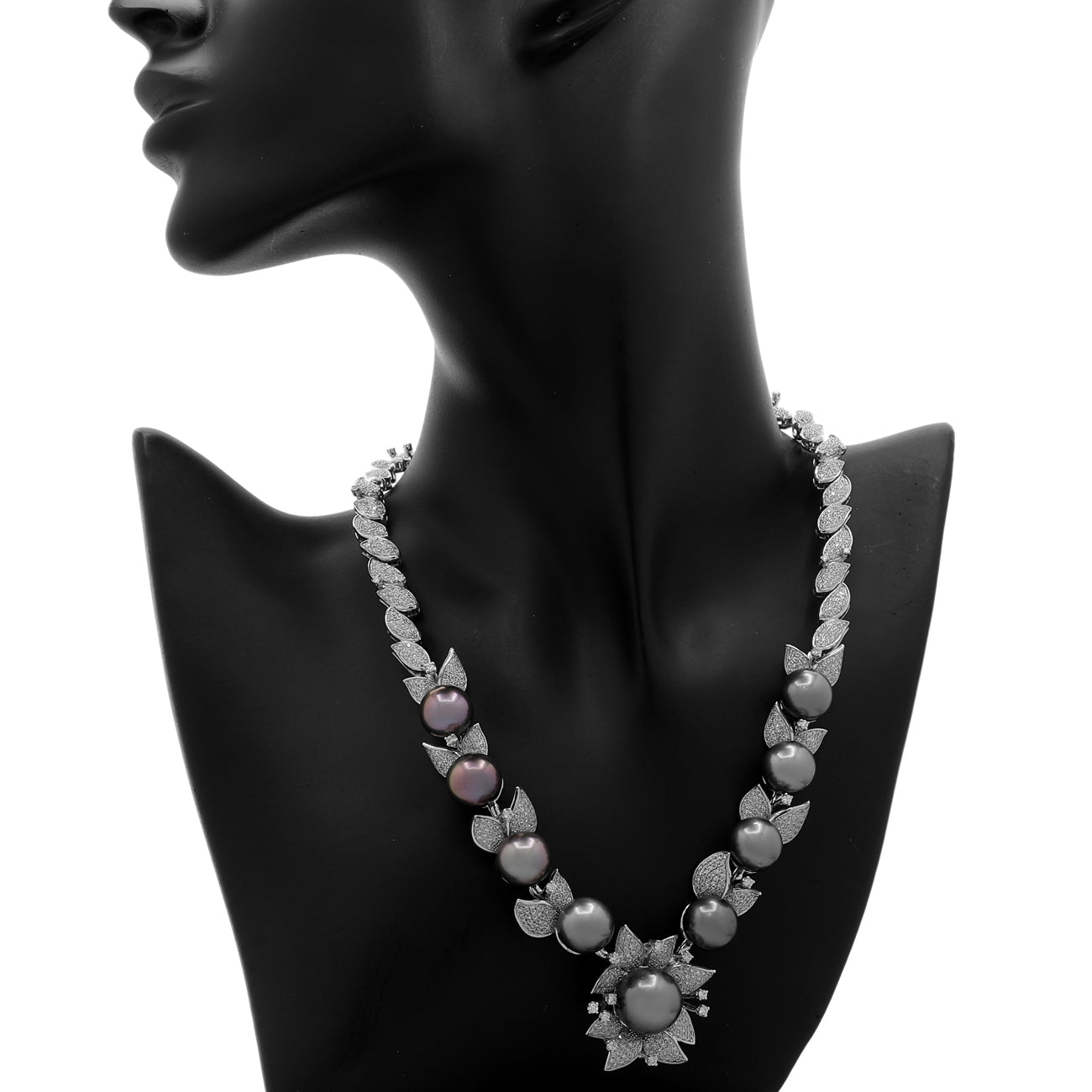 Exclusive 18K White Gold Tahitian Pearl Blossom Diamond Necklace — Back View