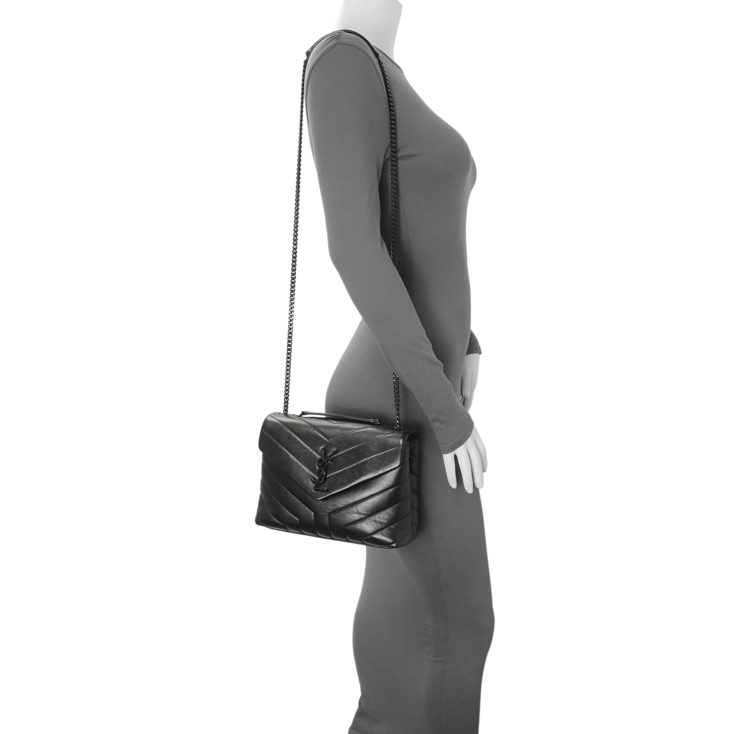 Exclusive Saint Laurent Black Calfskin Y Quilted Monogram Small Loulou Chain Satchel — Alternate View 7
