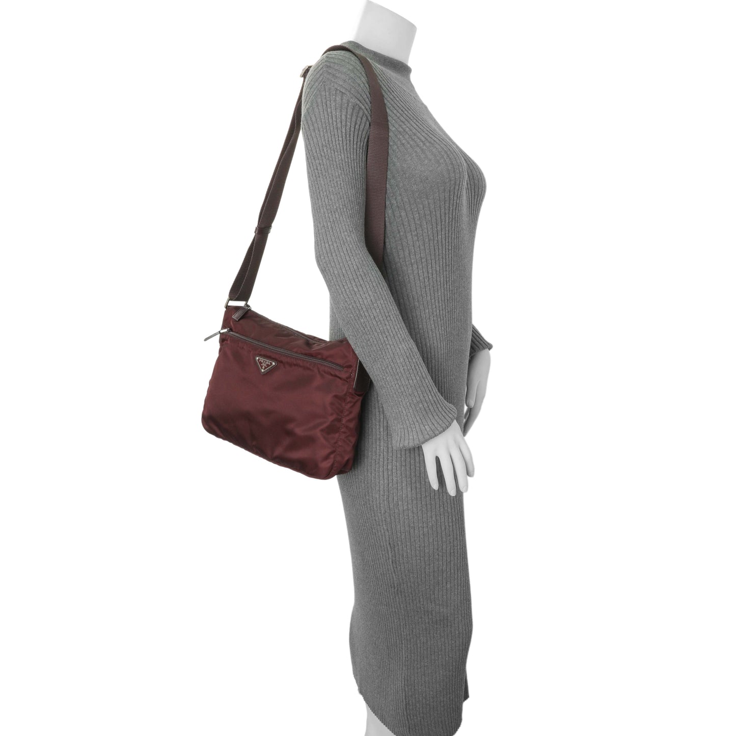 Exclusive Prada Burgundy Tessuto Nylon Messenger Bag — Lifestyle View