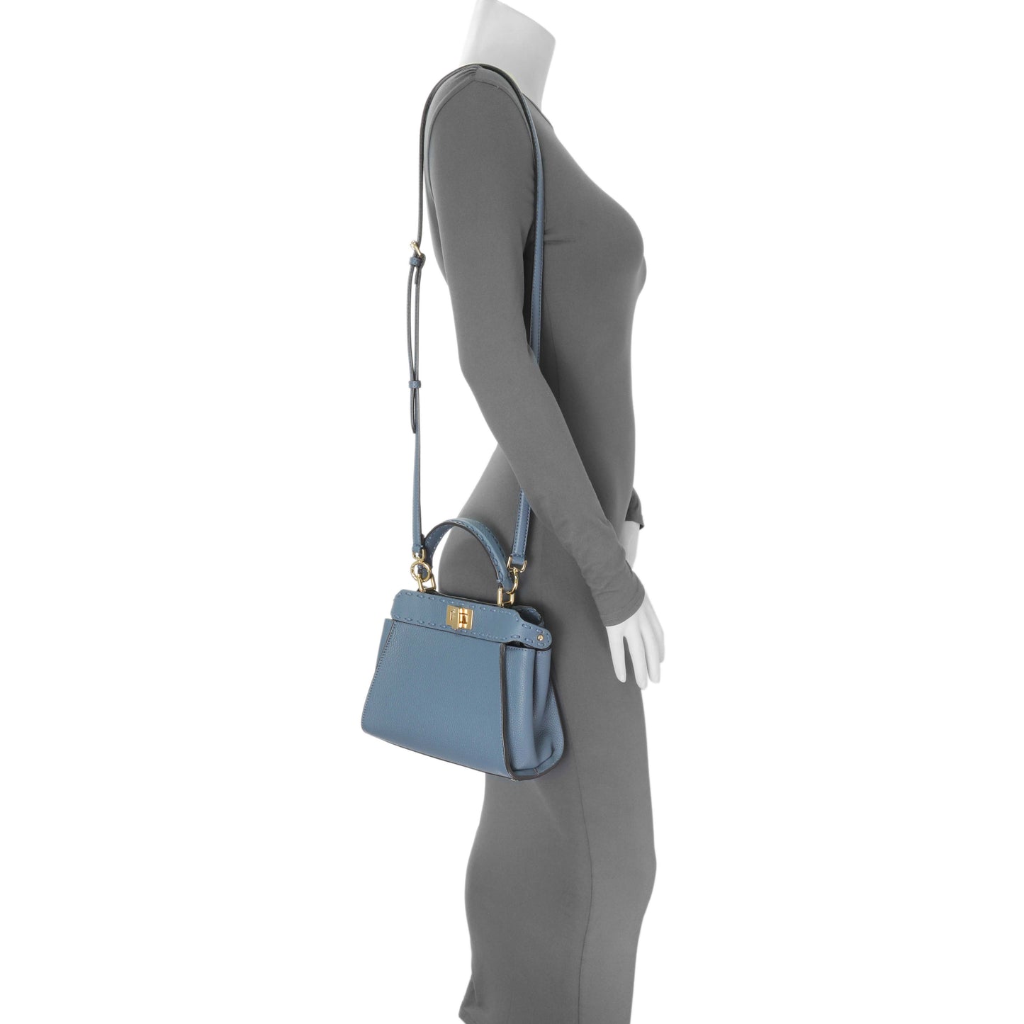 Exclusive Fendi Blue Cuoio Romano Selleria Mini Peekaboo Iconic Satchel — Alternate View 7