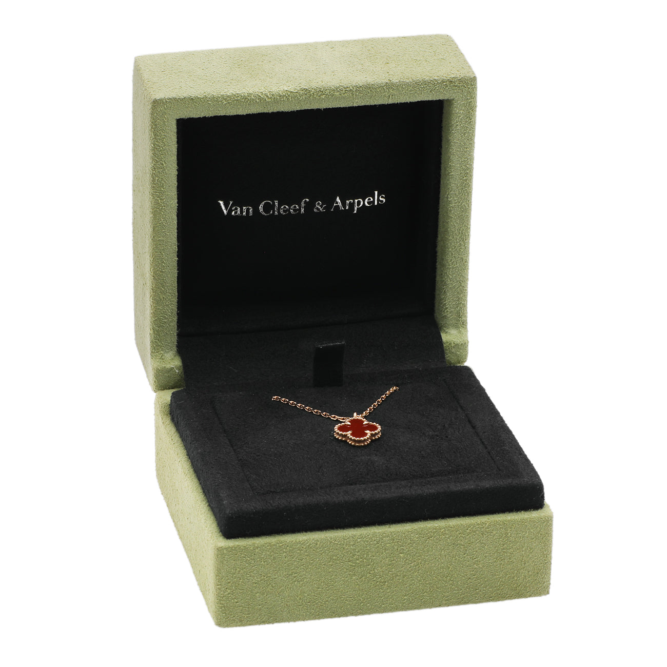 Exclusive Van Cleef & Arpels 18K Rose Gold Carnelian Sweet Alhambra Pendant — Detail View
