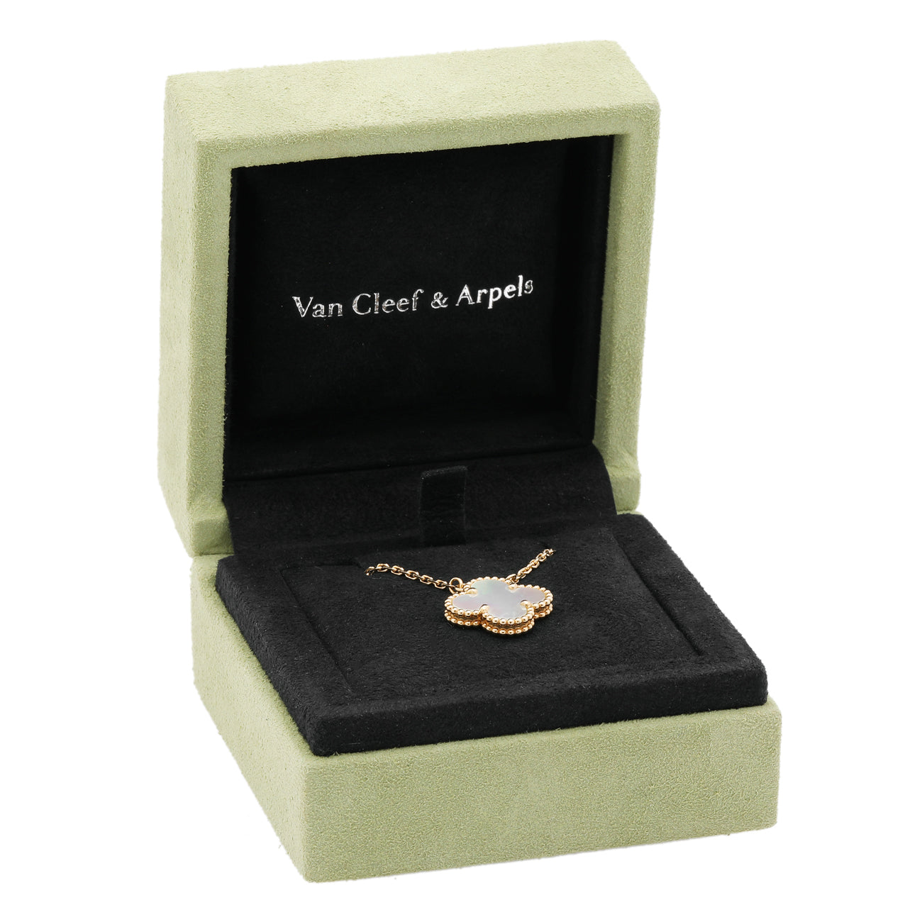Exclusive Van Cleef & Arpels 18K Yellow Gold Mother of Pearl Vintage Alhambra Pendant Necklace — Detail View
