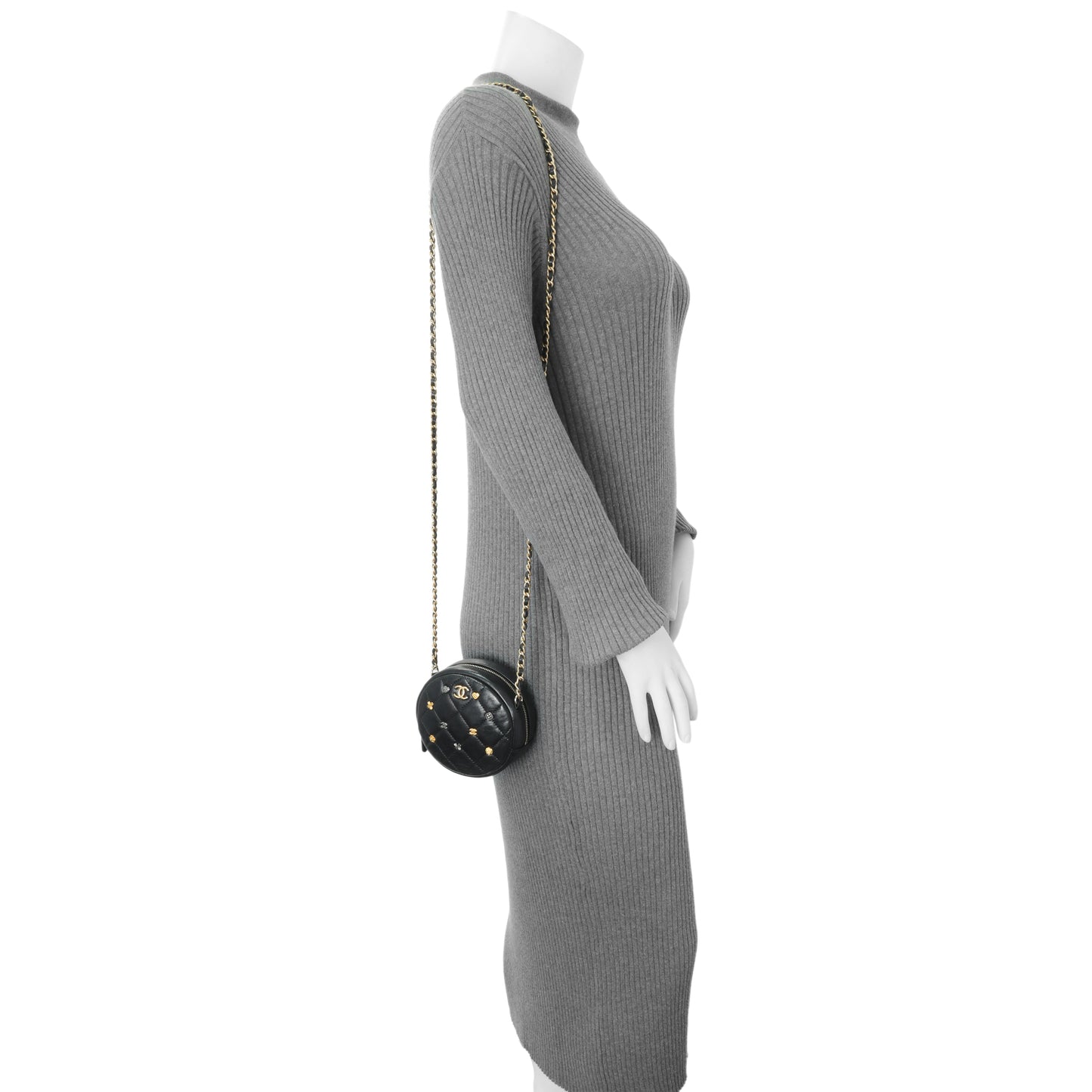 Exclusive Chanel Black Lambskin Quilted Studded Round Clutch With Chain — Alternate View 8