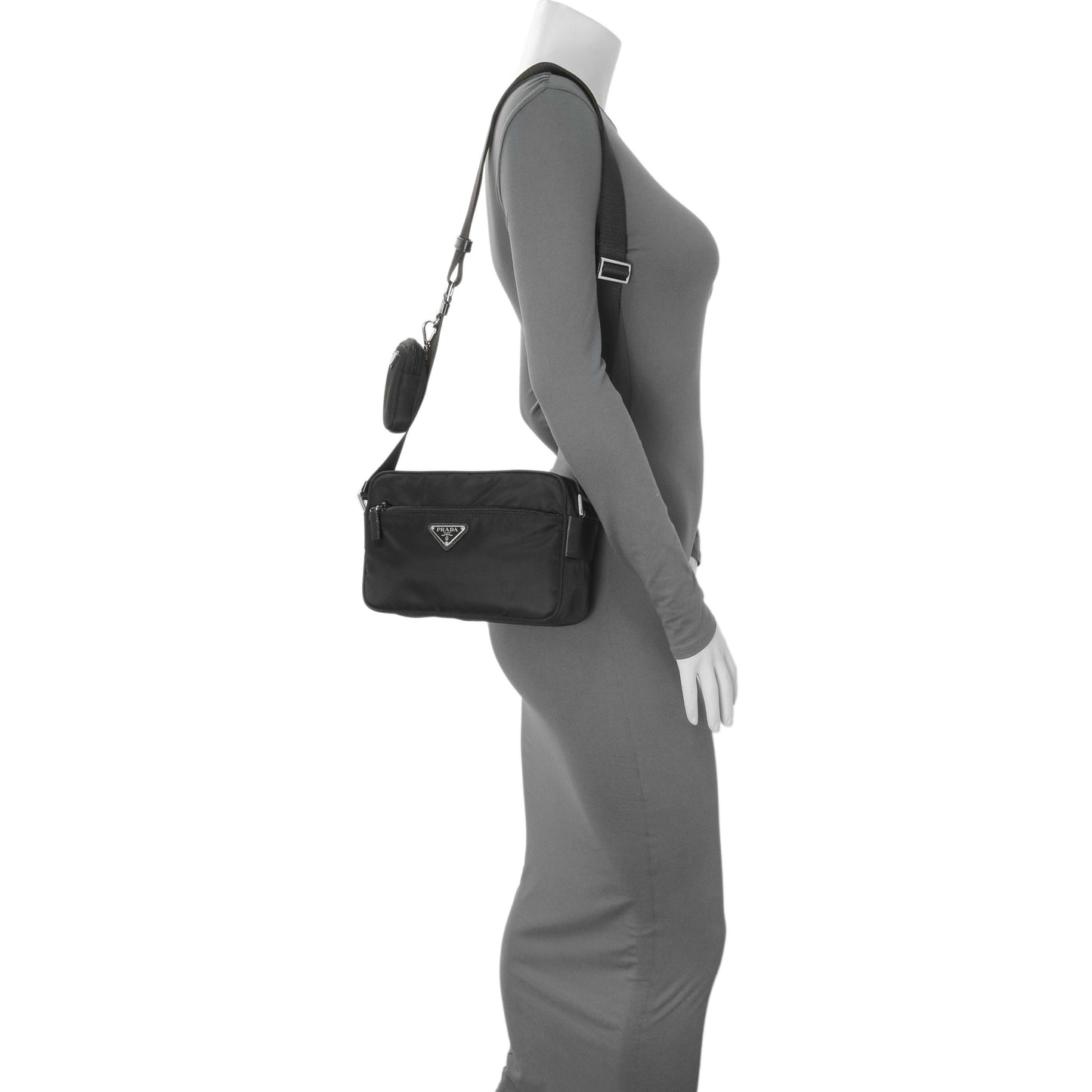 Exclusive Prada Black Re-Nylon Vela Saffiano Pocket Double Zip Shoulder Bag — Lifestyle View