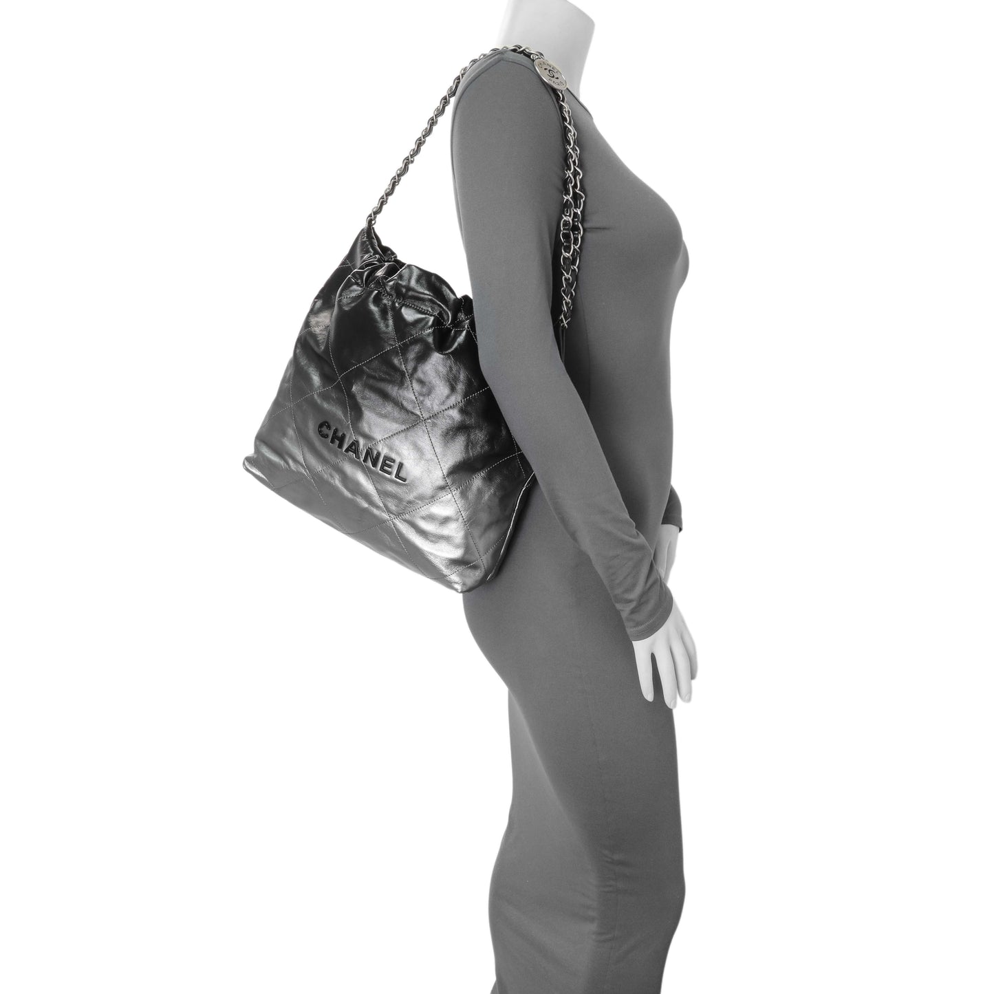 Exclusive Chanel Black Silver Metallic Shaded Quilted Shiny Calfskin Small Chanel 22 — Alternate View 11