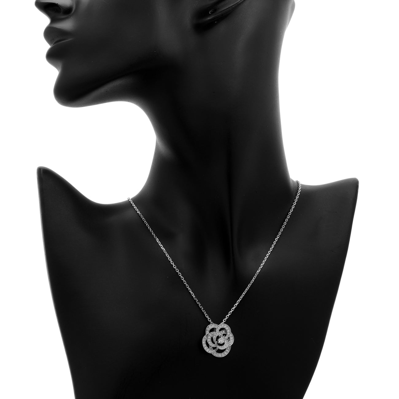 Exclusive Chanel 18K White Gold Diamond Fil de Camélia Pendant Necklace — Top View