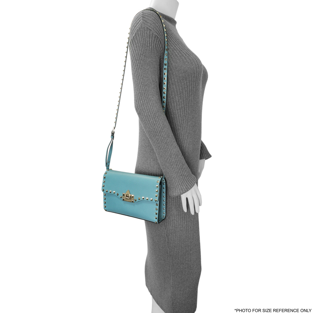 Exclusive Valentino Blue Pebbled Calfskin Medium Rockstud Flip Lock Crossbody Bag — Lifestyle View