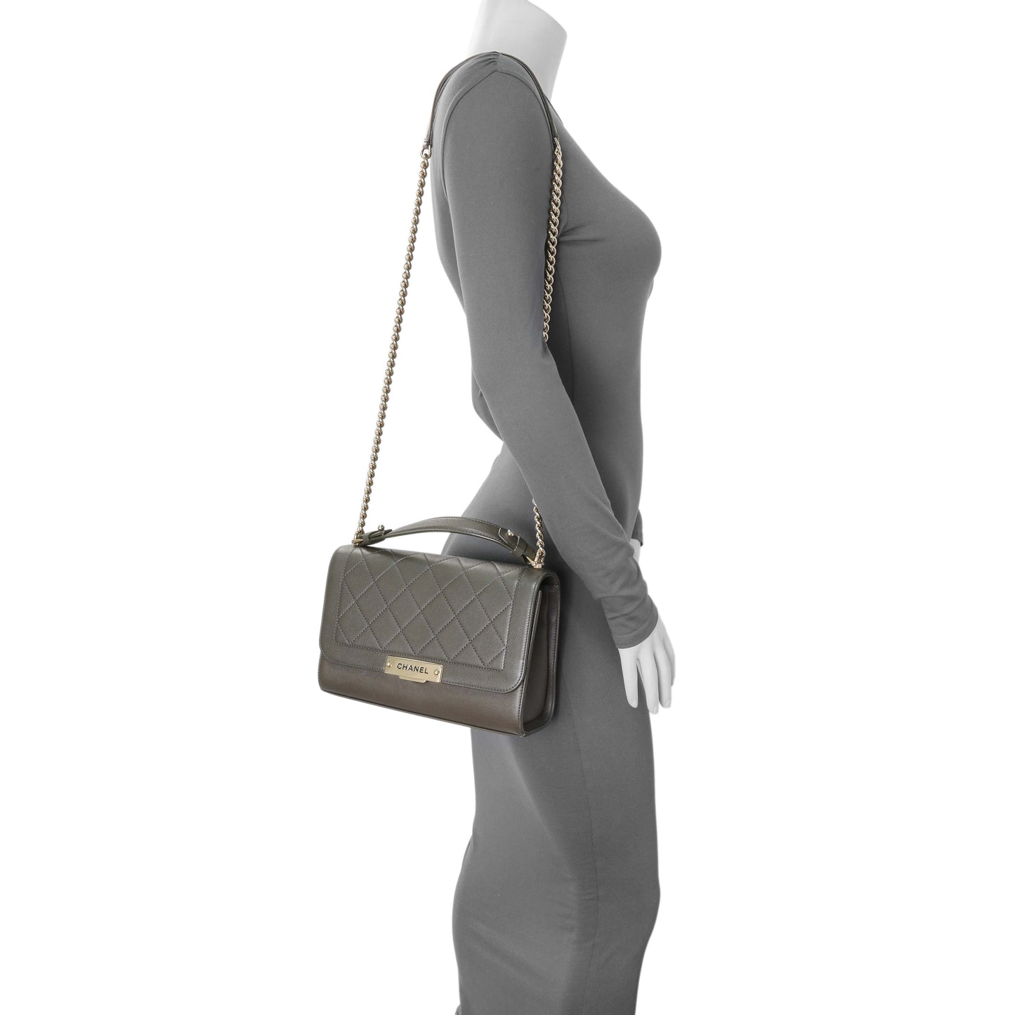Exclusive Chanel Khaki Grained Calfskin Quilted Medium Label Click Flap — Alternate View 12