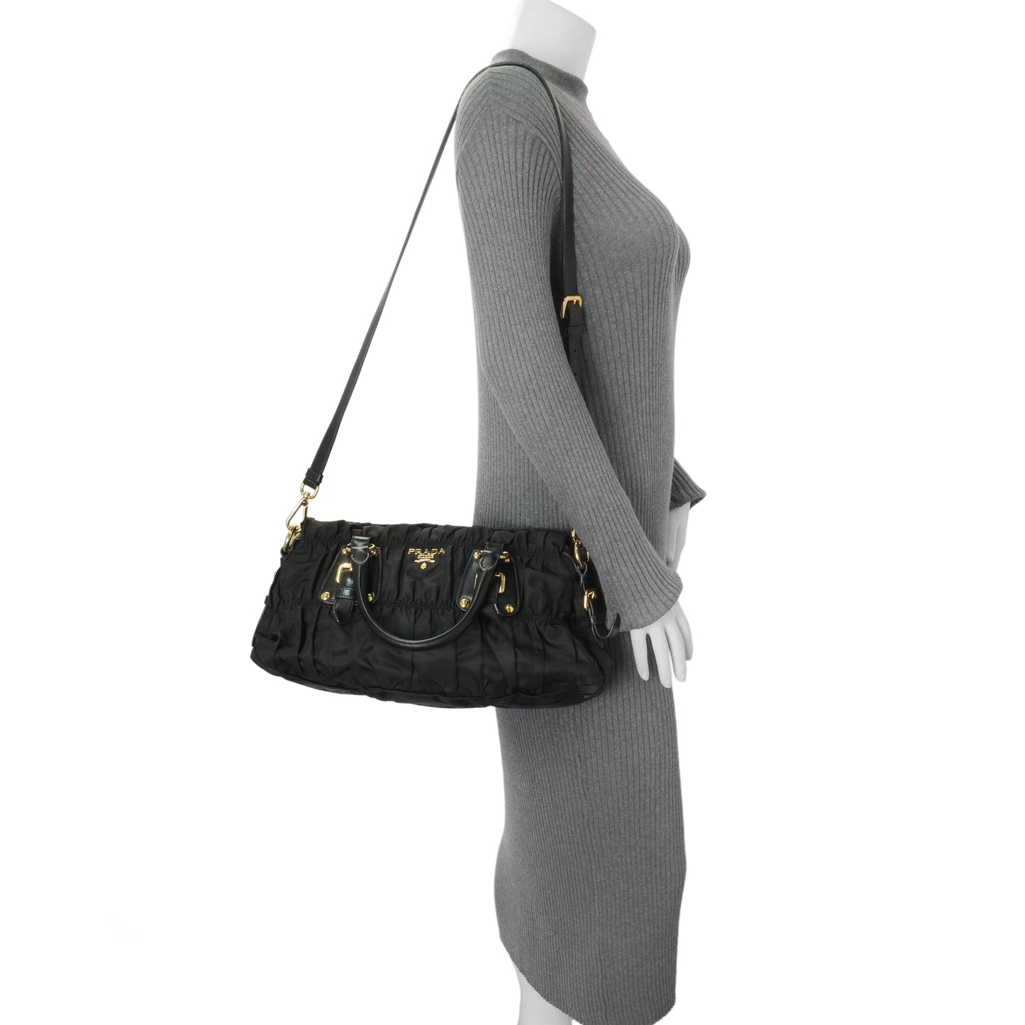 Exclusive Prada Nero Tessuto Gaufre Small Tote — Lifestyle View