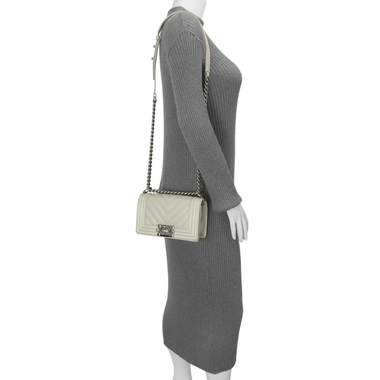 Exclusive Chanel Grey Chevron Calfskin Small Boy Bag — Alternate View 10