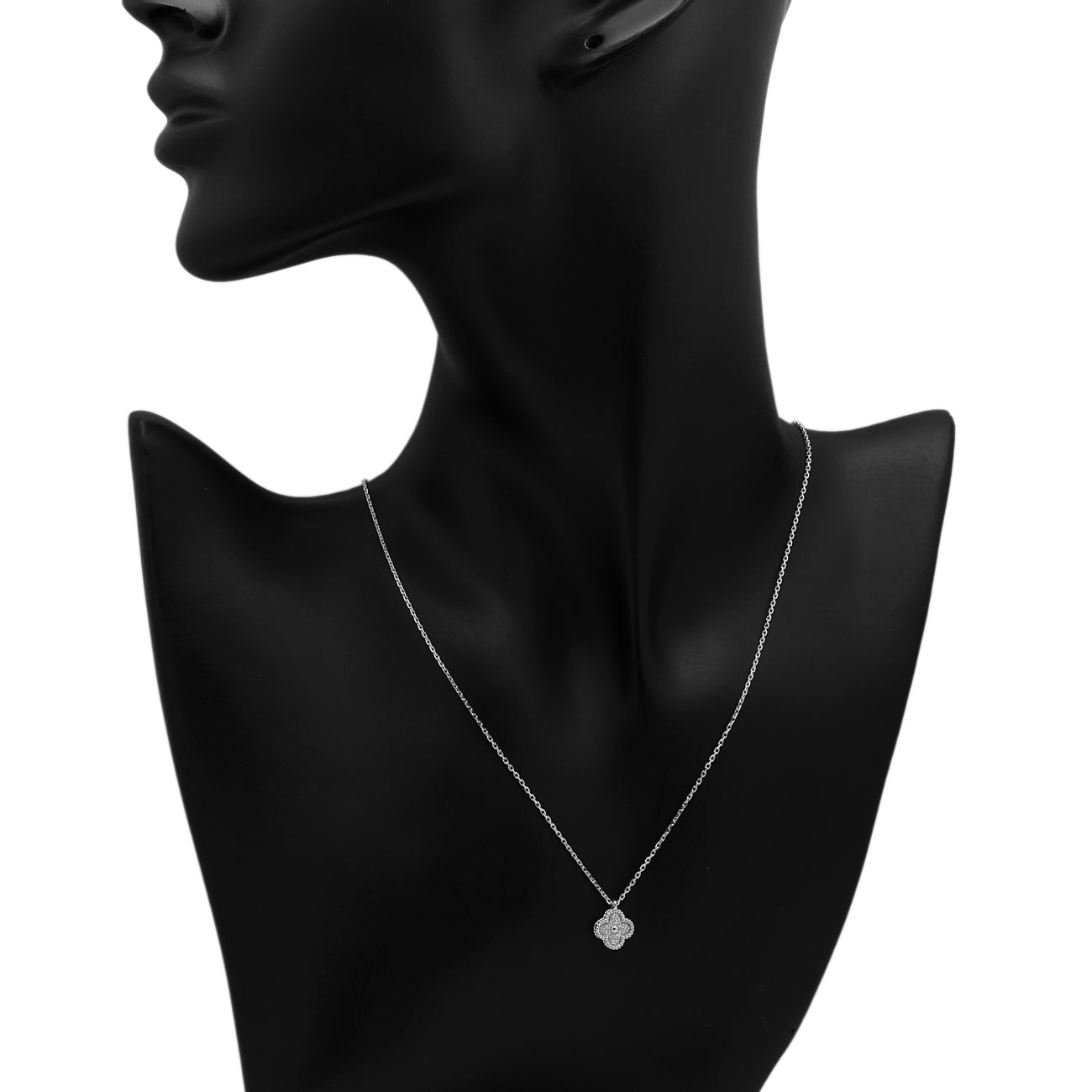 Exclusive Van Cleef & Arpels 18K White Gold Diamond Sweet Alhambra Pendant Necklace — Detail View