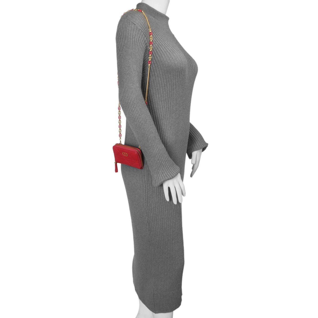 Exclusive Christian Dior Raspberry Lambskin Cannage Mini Caro Zipped Pouch With Chain — Alternate View 7