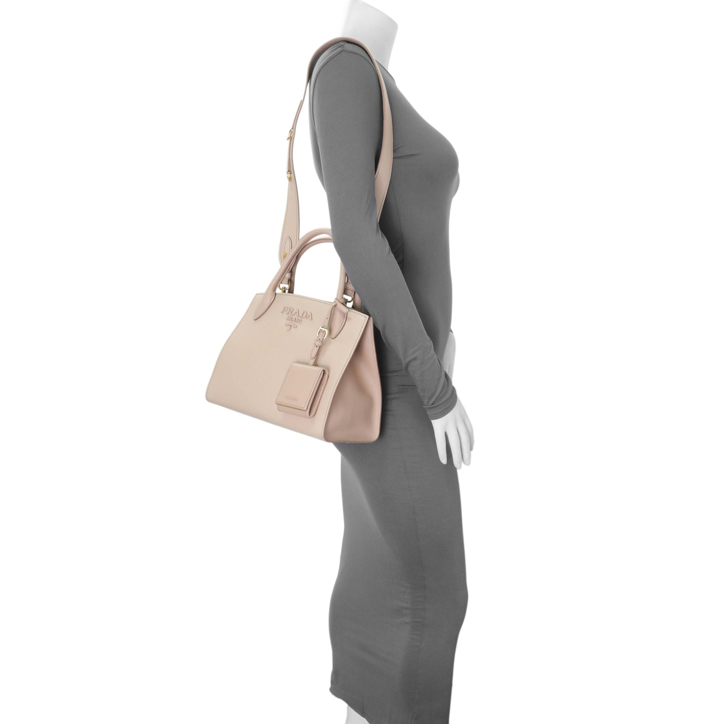 Exclusive Prada Saffiano Cipria Cuir Calfskin Small Monochrome Top Handle Tote — Lifestyle View