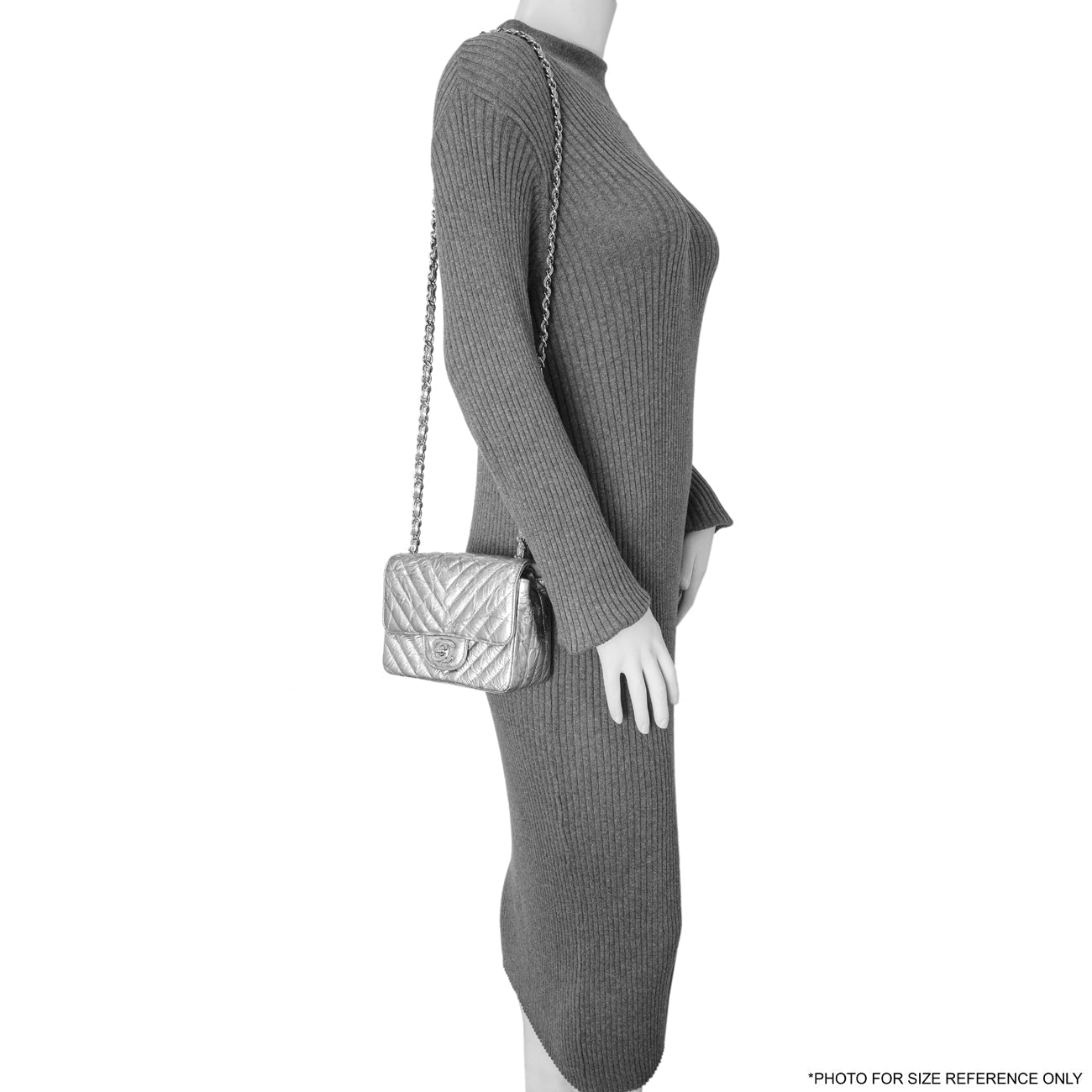 Exclusive Chanel Silver Metallic Patent Crumpled Calfskin Chevron Quilted Mini Square Flap — Alternate View 14