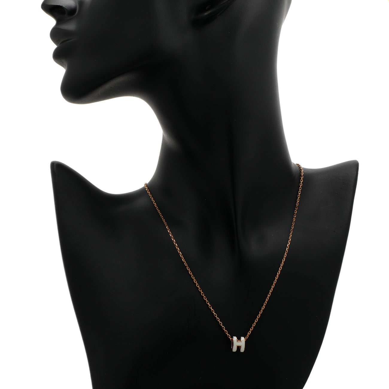 Exclusive Hermes Rose Gold White Lacquer Mini Pop H Pendant Necklace — Back View