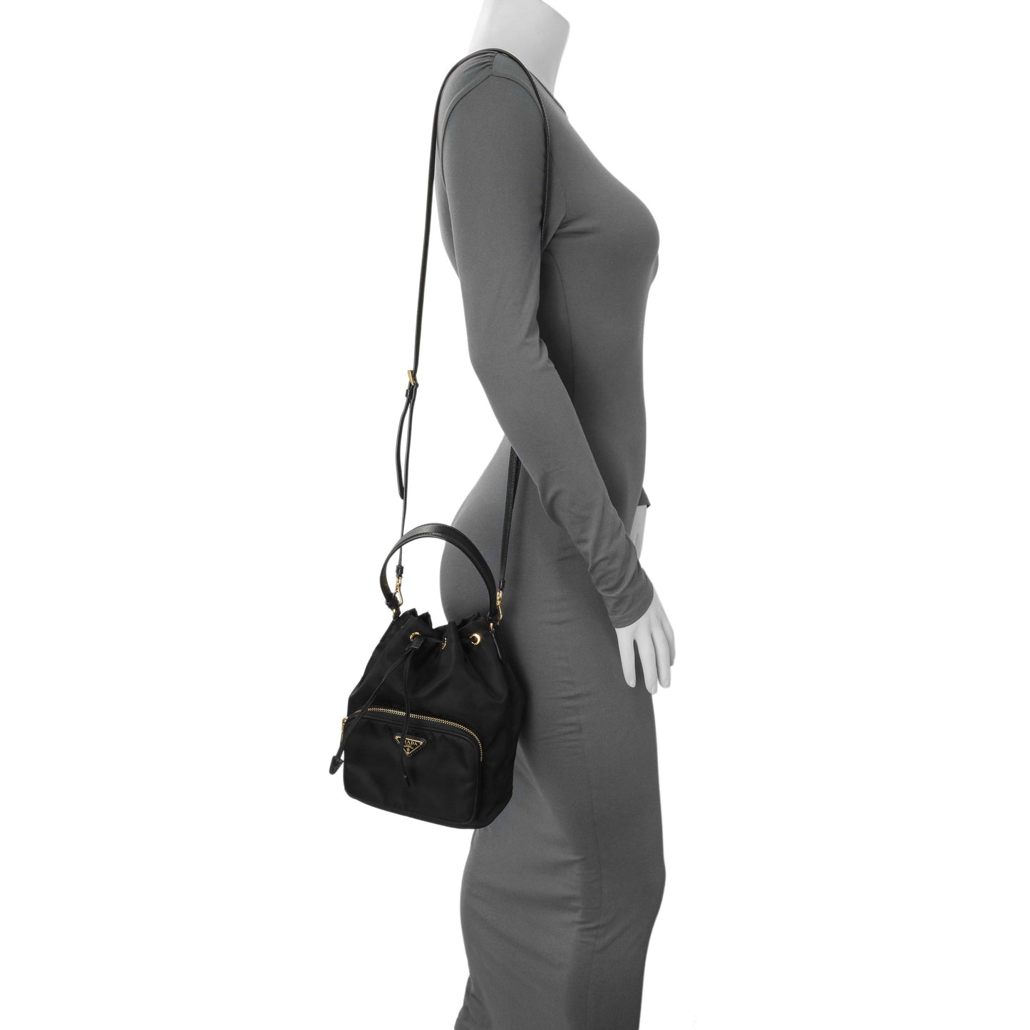 Exclusive Prada Black Re-Nylon Saffiano Duet Bucket Crossbody Bag — Alternate View 7