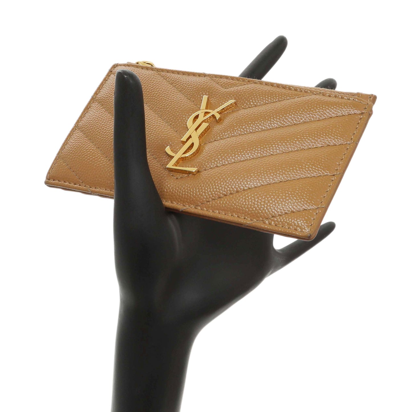 Exclusive Saint Laurent Brown Grain De Poudre Matelasse Chevron Monogram Fragments Zippered Card Case — Alternate View 11