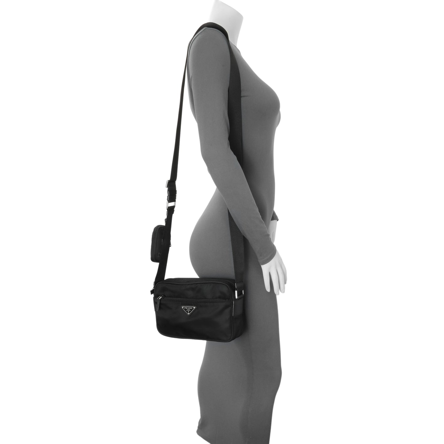 Exclusive Prada Re-Nylon Vela Saffiano Pocket Double Zip Shoulder Bag Black — Lifestyle View