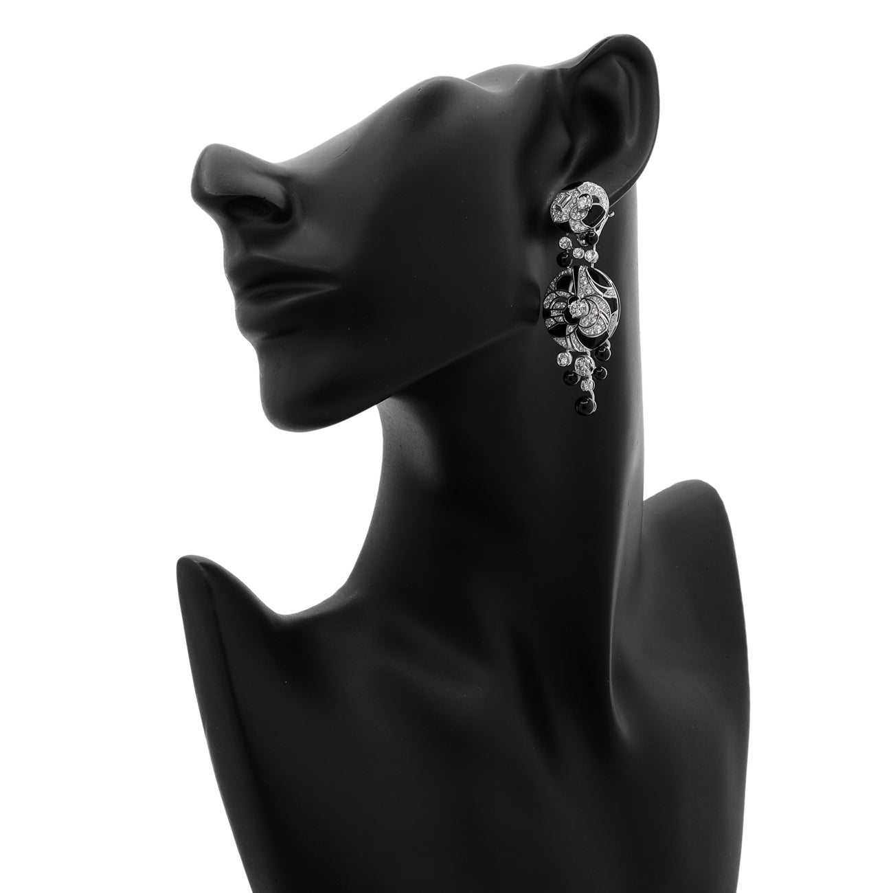 Exclusive Chanel 18K White Gold Diamond Onyx Cafe Society Midnight Earrings — Back View