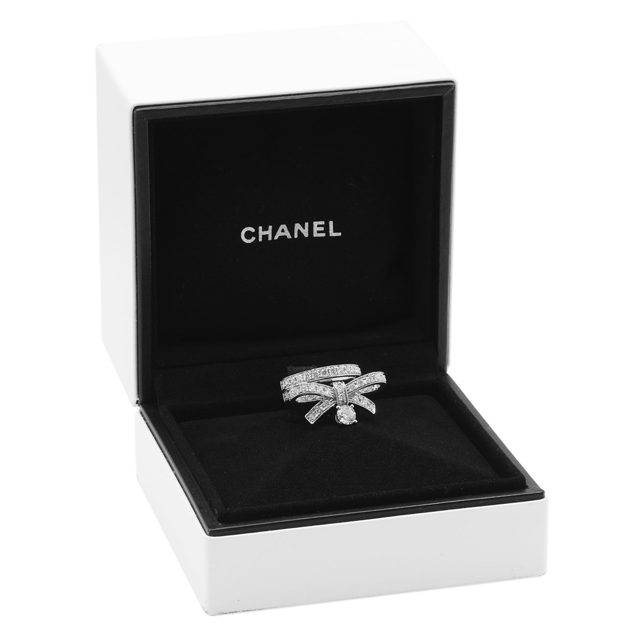 Exclusive Chanel 18K White Gold Diamond Ruban Ring — Top View