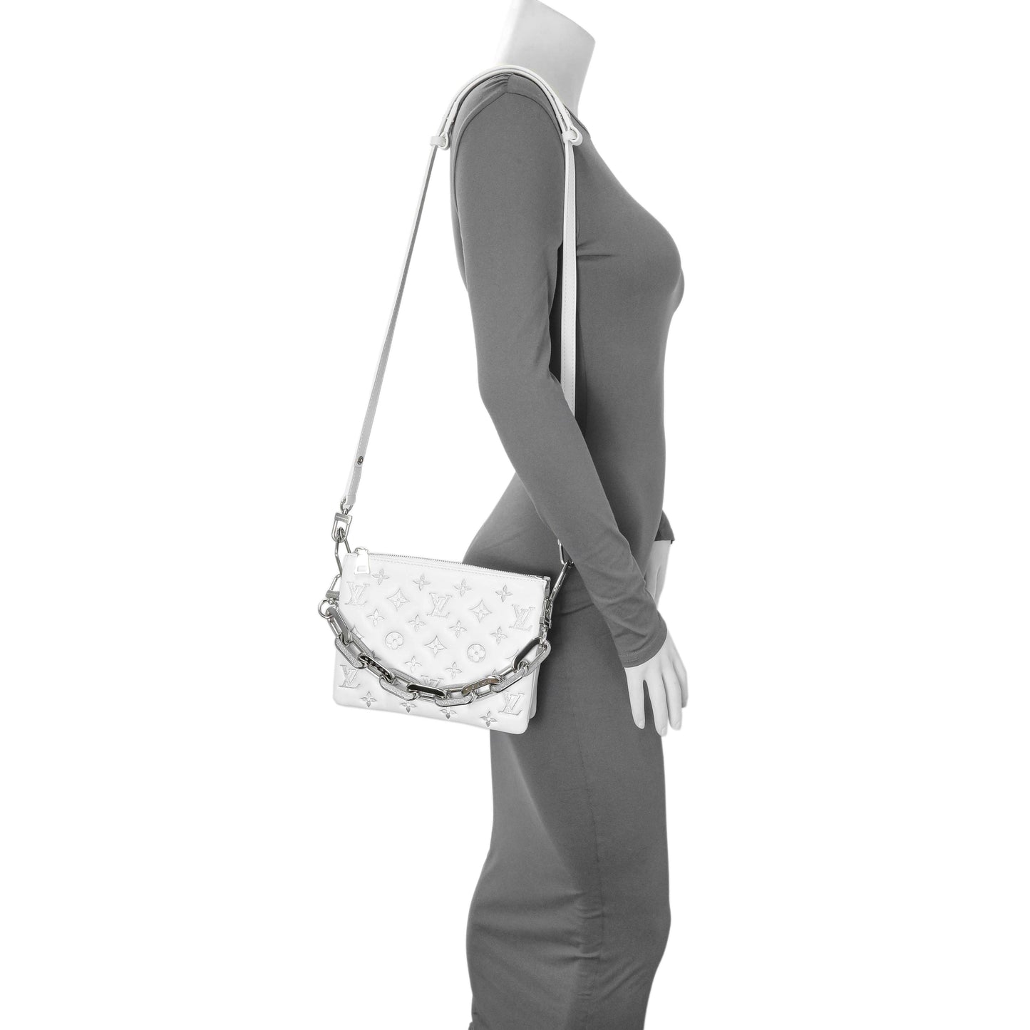 Exclusive Louis Vuitton White Lambskin Embossed Monogram Coussin BB — Lifestyle View