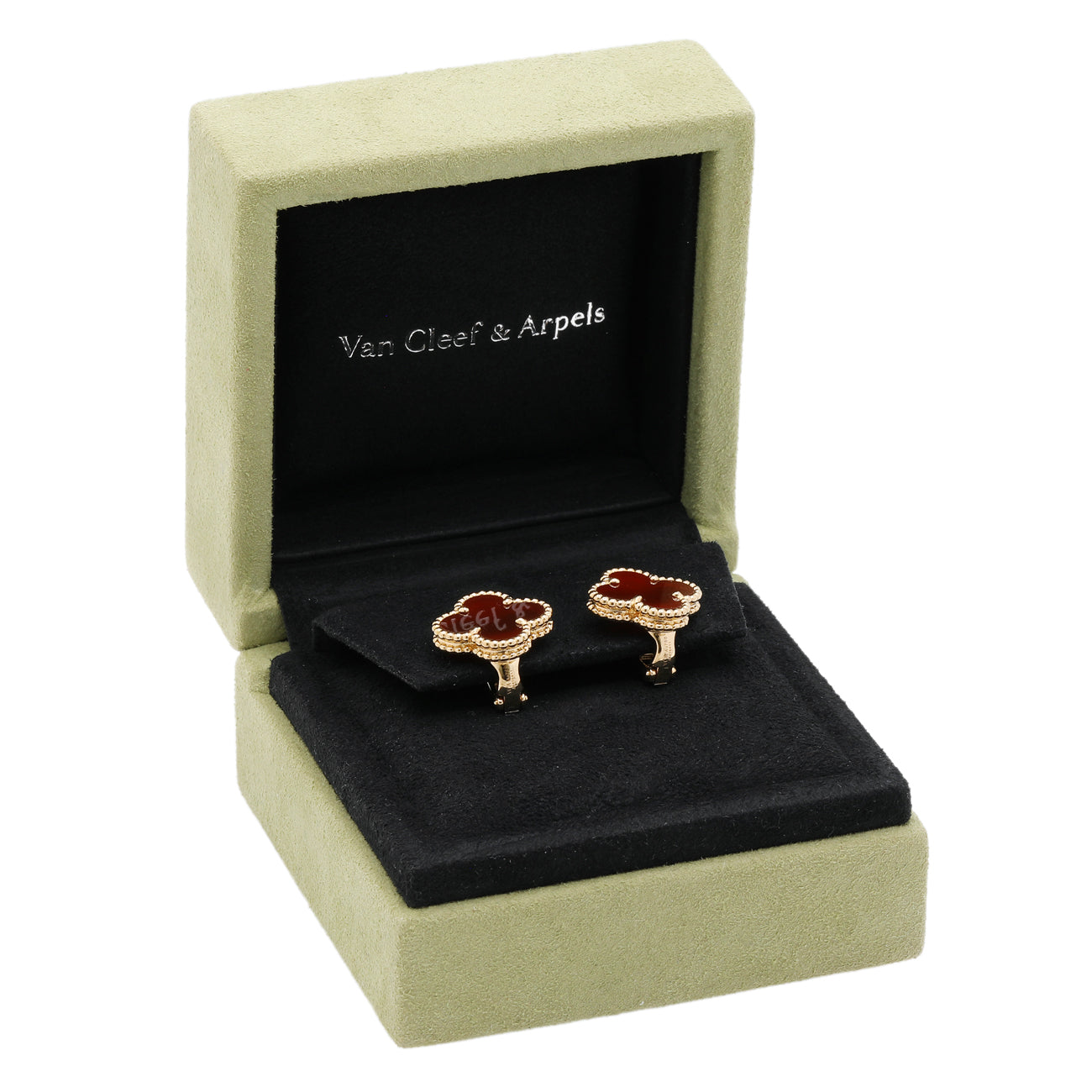 Exclusive Van Cleef & Arpels 18K Yellow Gold Carnelian Vintage Alhambra Earrings — Top View