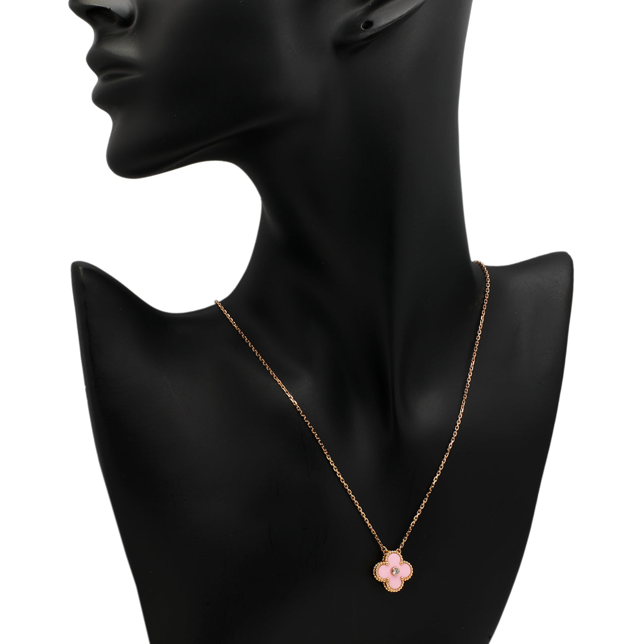 Exclusive Van Cleef & Arpels 18K Rose Gold Porcelain Diamond Vintage Alhambra Pendant — Detail View