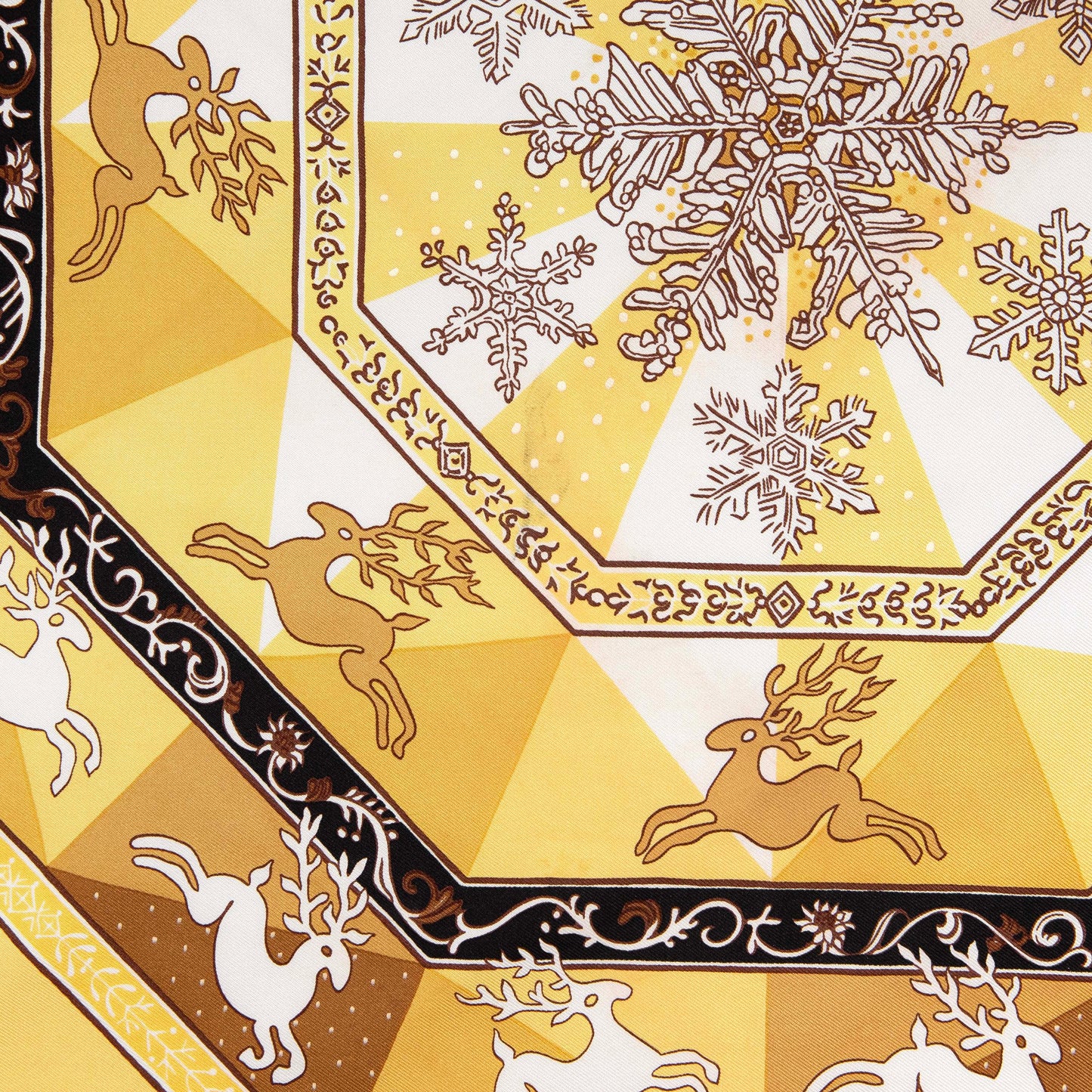 Exclusive Hermes Noir Jaune Or Silk Fleurs D'Hiver Scarf 90 — Detail View