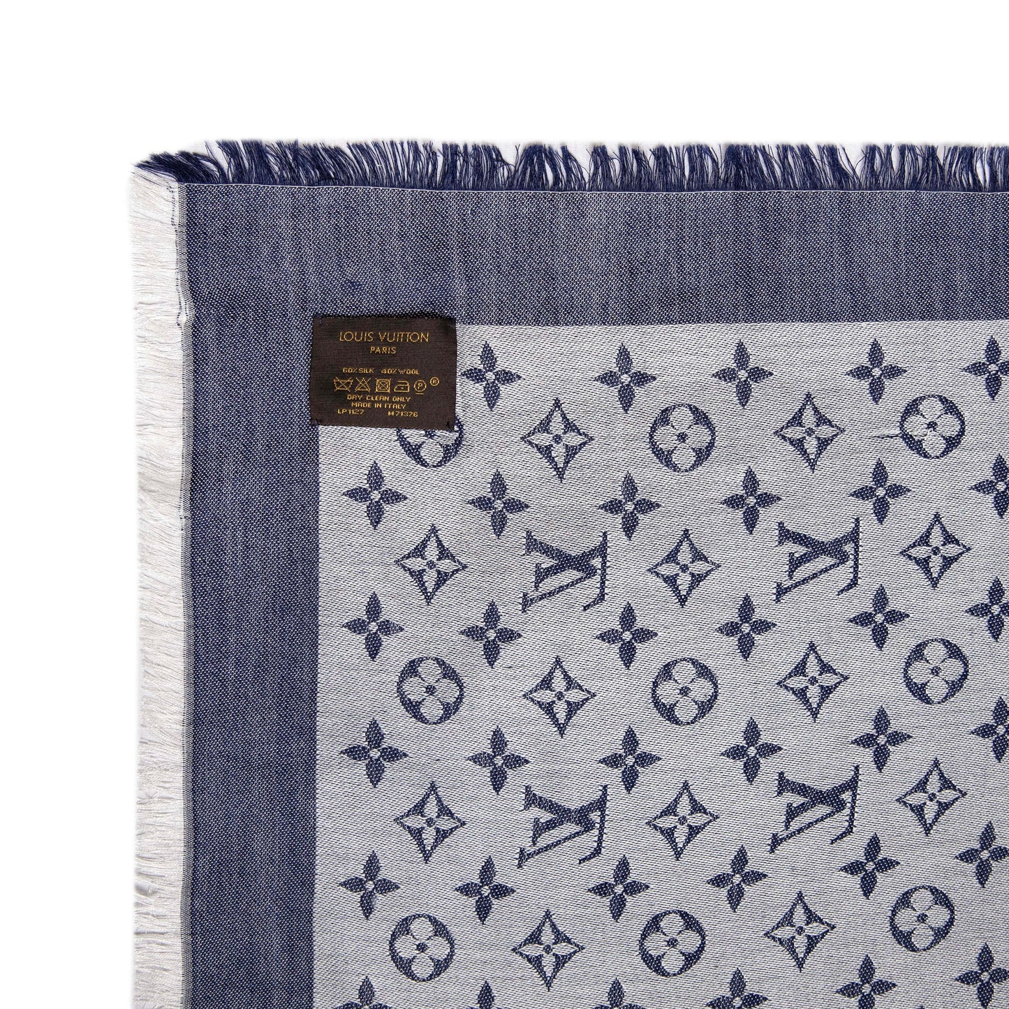Exclusive Louis Vuitton Blue Silk Wool Monogram Denim Shawl — Detail View
