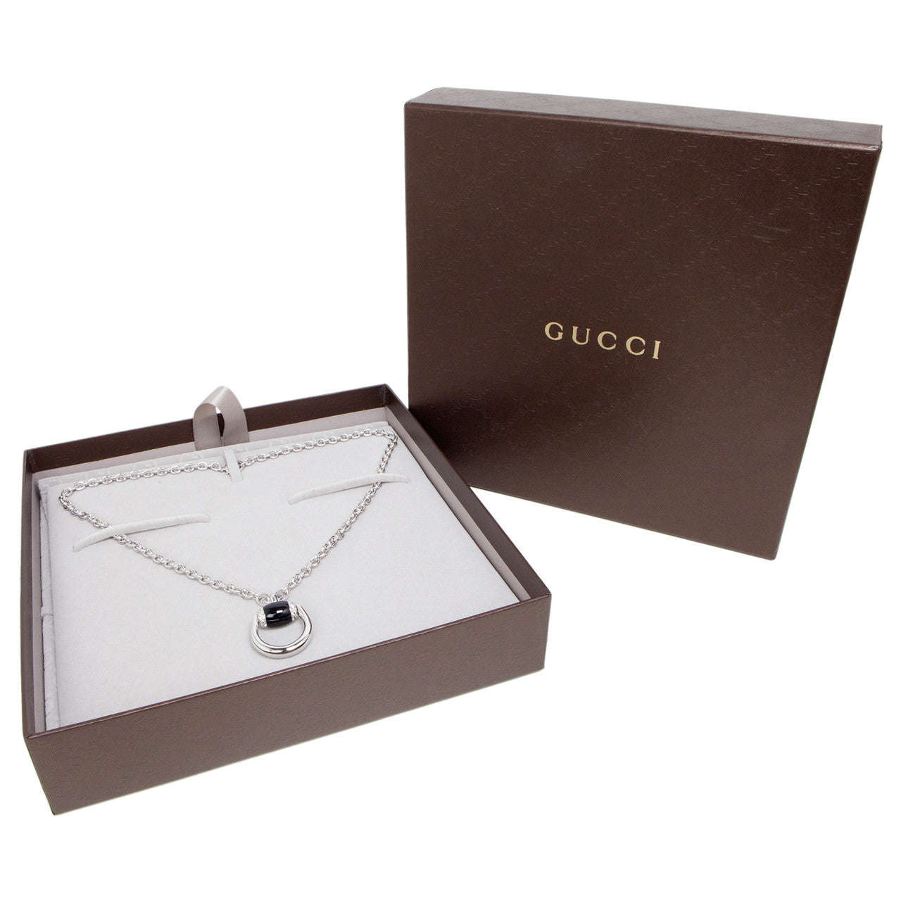 Exclusive Gucci 18K White Gold, Diamond & Onyx Horsebit Pendant Necklace — Top View