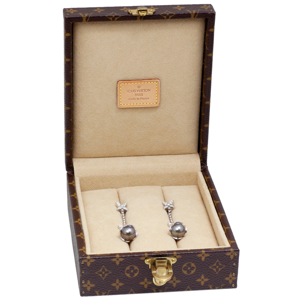 Exclusive Louis Vuitton 18K White Gold, Diamond, Tahitian Pearl Elegantes Ear Pendants — Top View