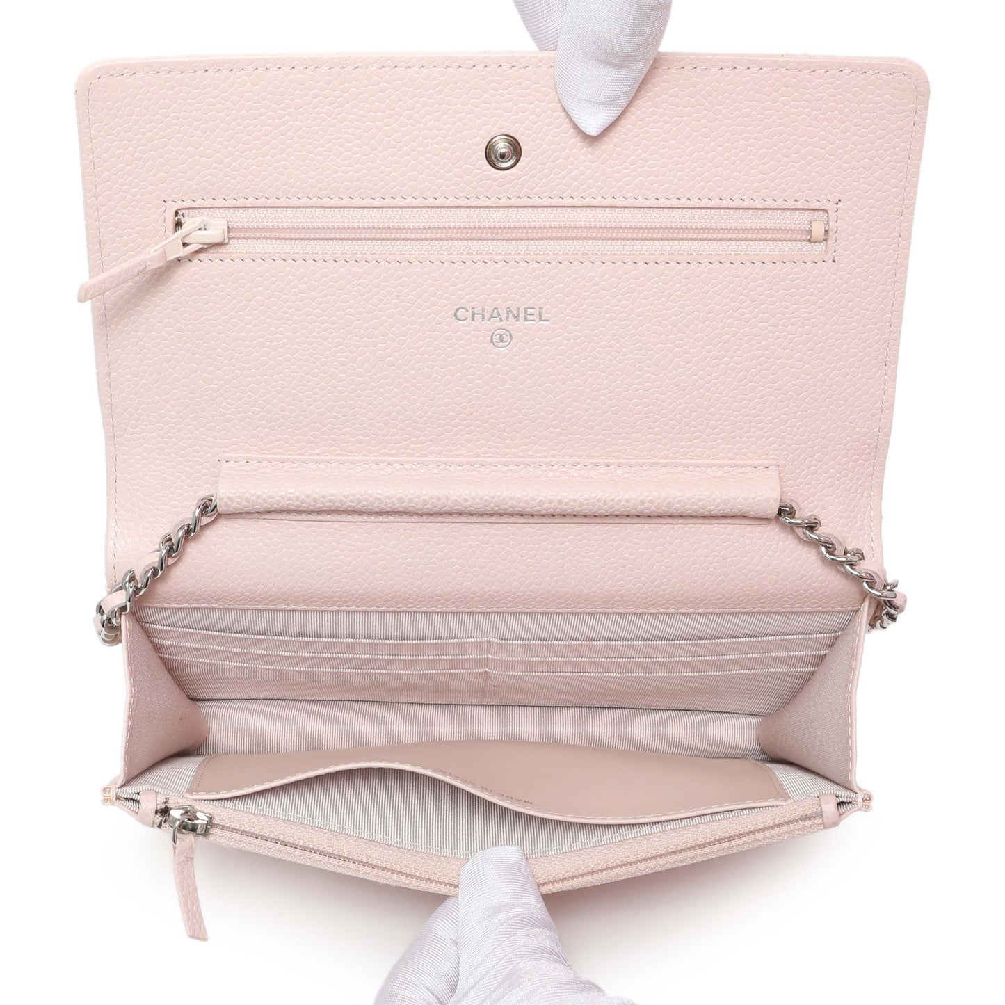 Exclusive Chanel Pink Quilted Caviar Wallet on Chain — Top View