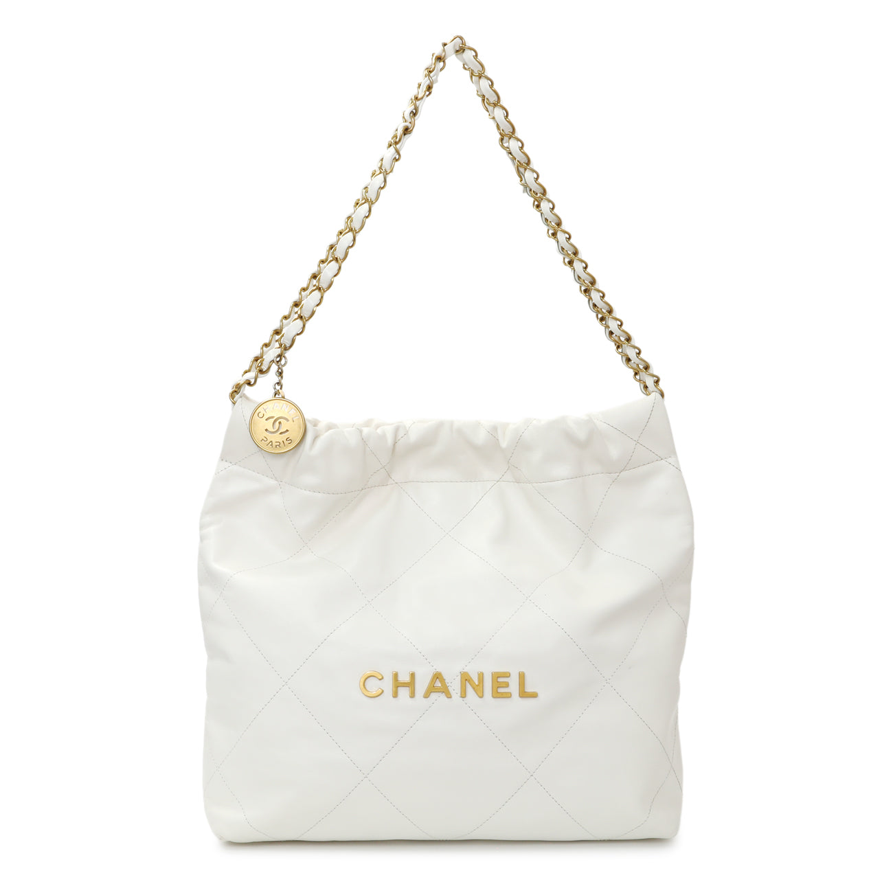 Exclusive Chanel White Shiny Quilted Calfskin Small Chanel 22 — Front View