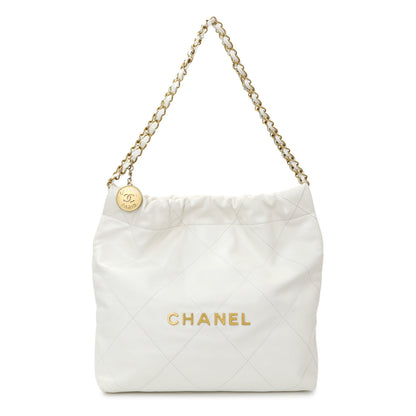 Exclusive Chanel White Shiny Quilted Calfskin Small Chanel 22 — Front View