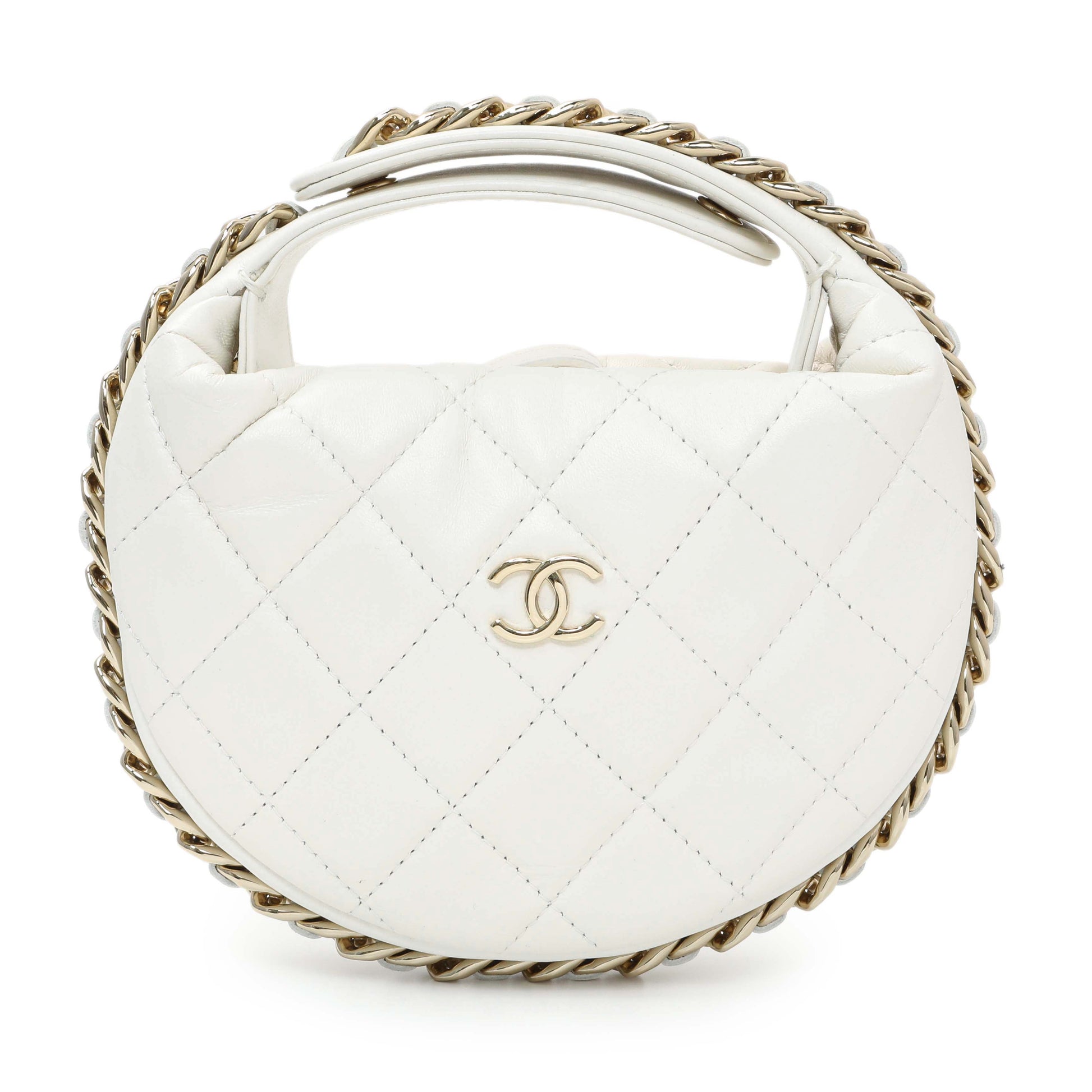 Exclusive Chanel White Lambskin Quilted Chain Around Pouch — Front View