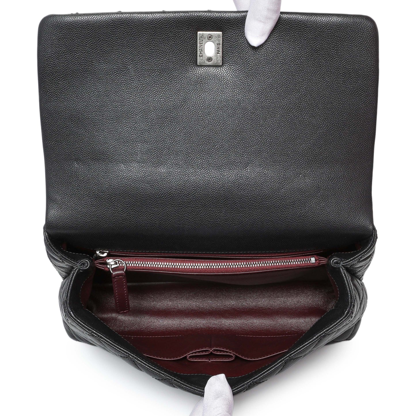 Exclusive Chanel Black Caviar Lizard Embossed Quilted Small Coco Handle Flap — Detail View