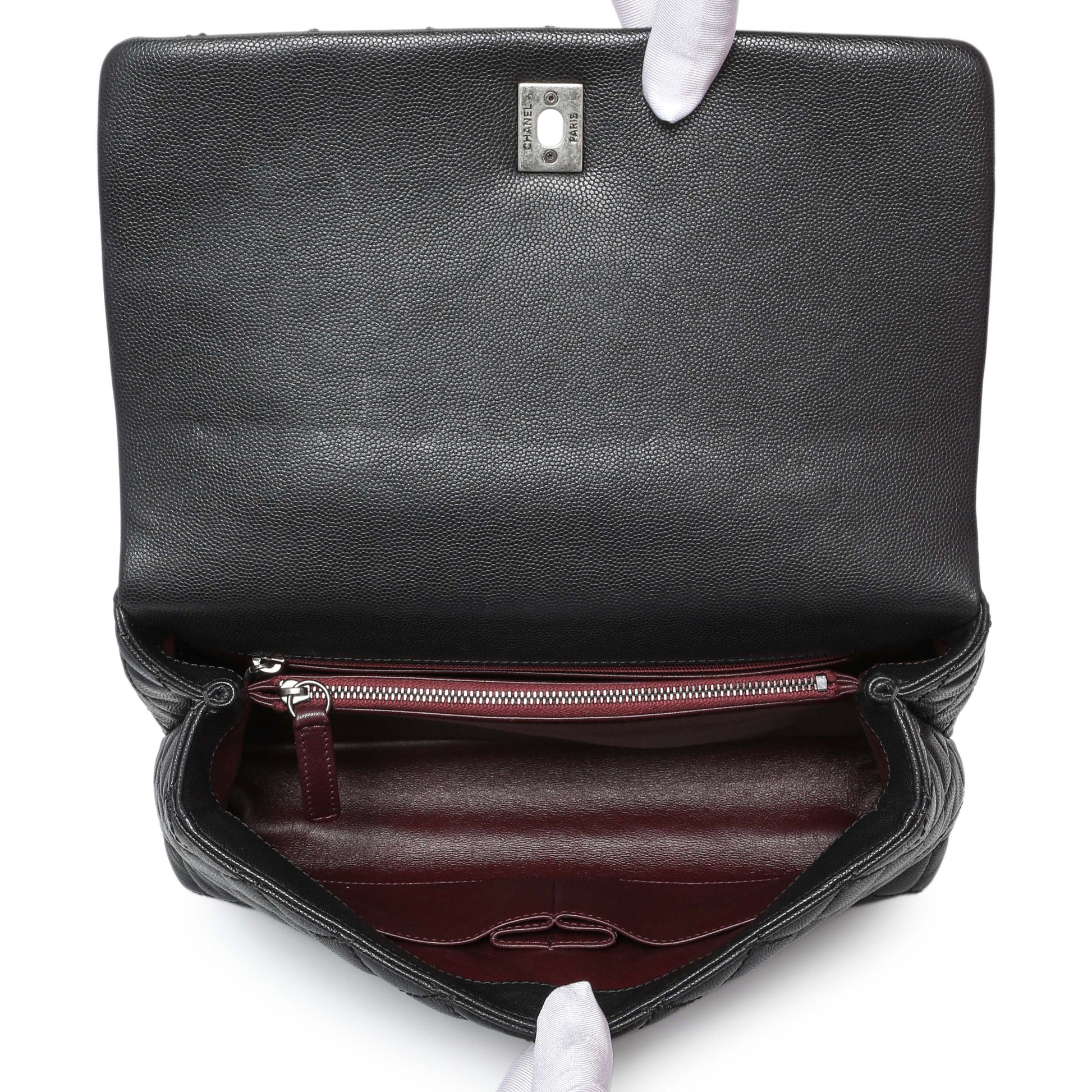 Exclusive Chanel Black Caviar Lizard Embossed Quilted Small Coco Handle Flap — Detail View