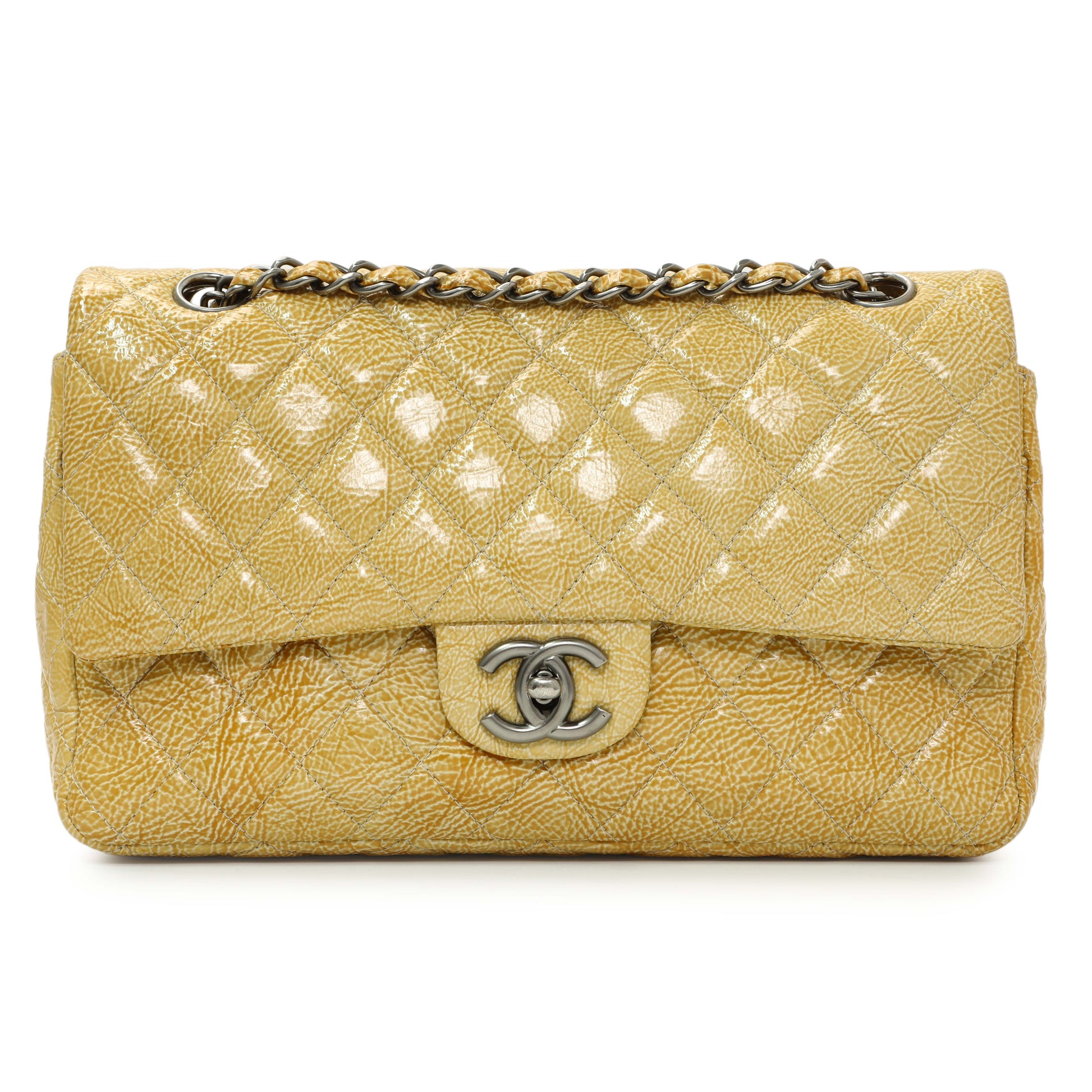 Exclusive Chanel Beige Crinkled Patent Medium Double Flap — Front View