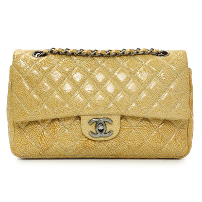 Exclusive Chanel Beige Crinkled Patent Medium Double Flap — Front View