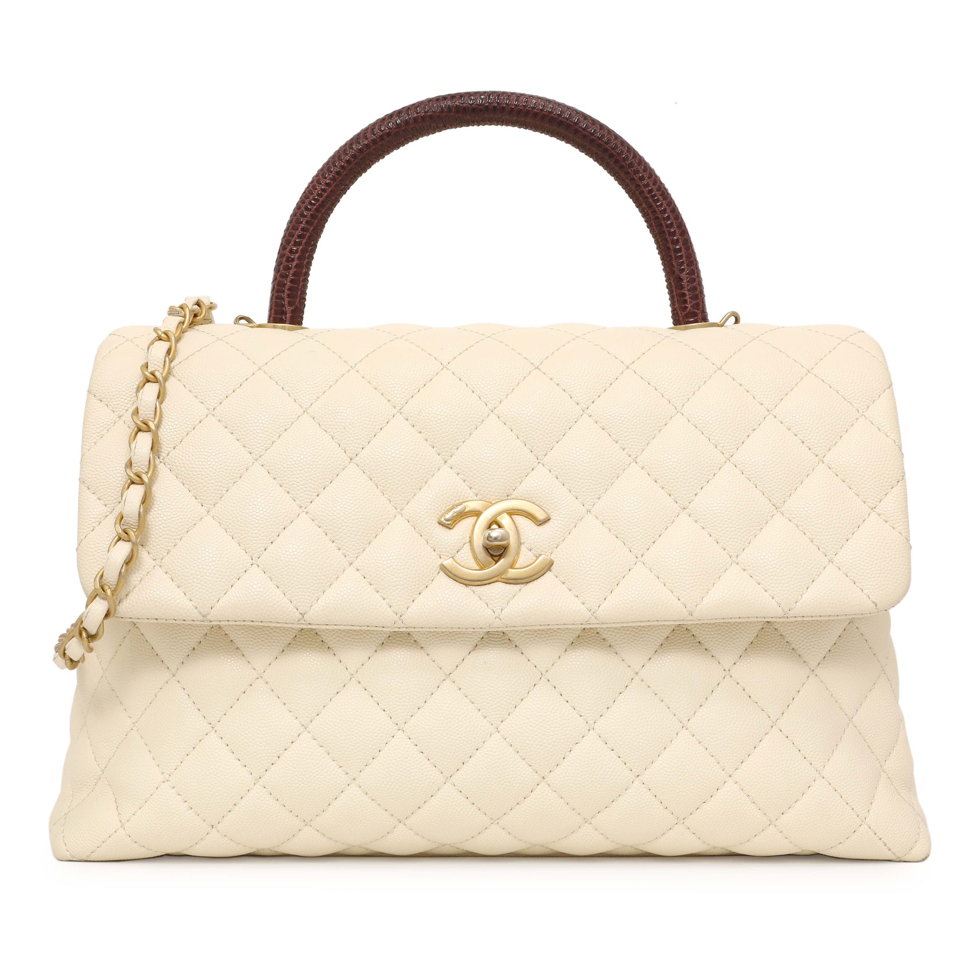 Exclusive Chanel Ivory Quilted Caviar Lizard Medium Coco Handle — Front View