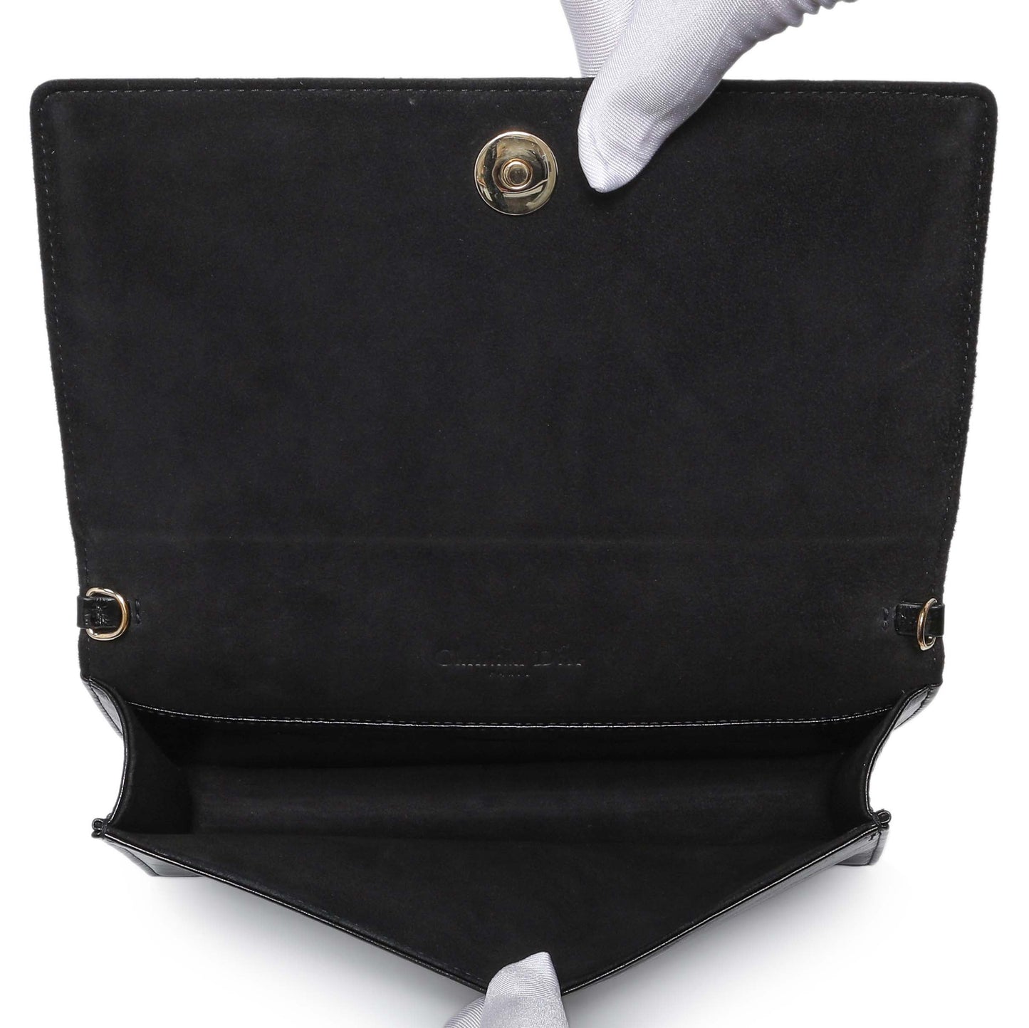 Exclusive Christian Dior Black Crinkled Patent Cannage Lady Dior Pouch — Top View