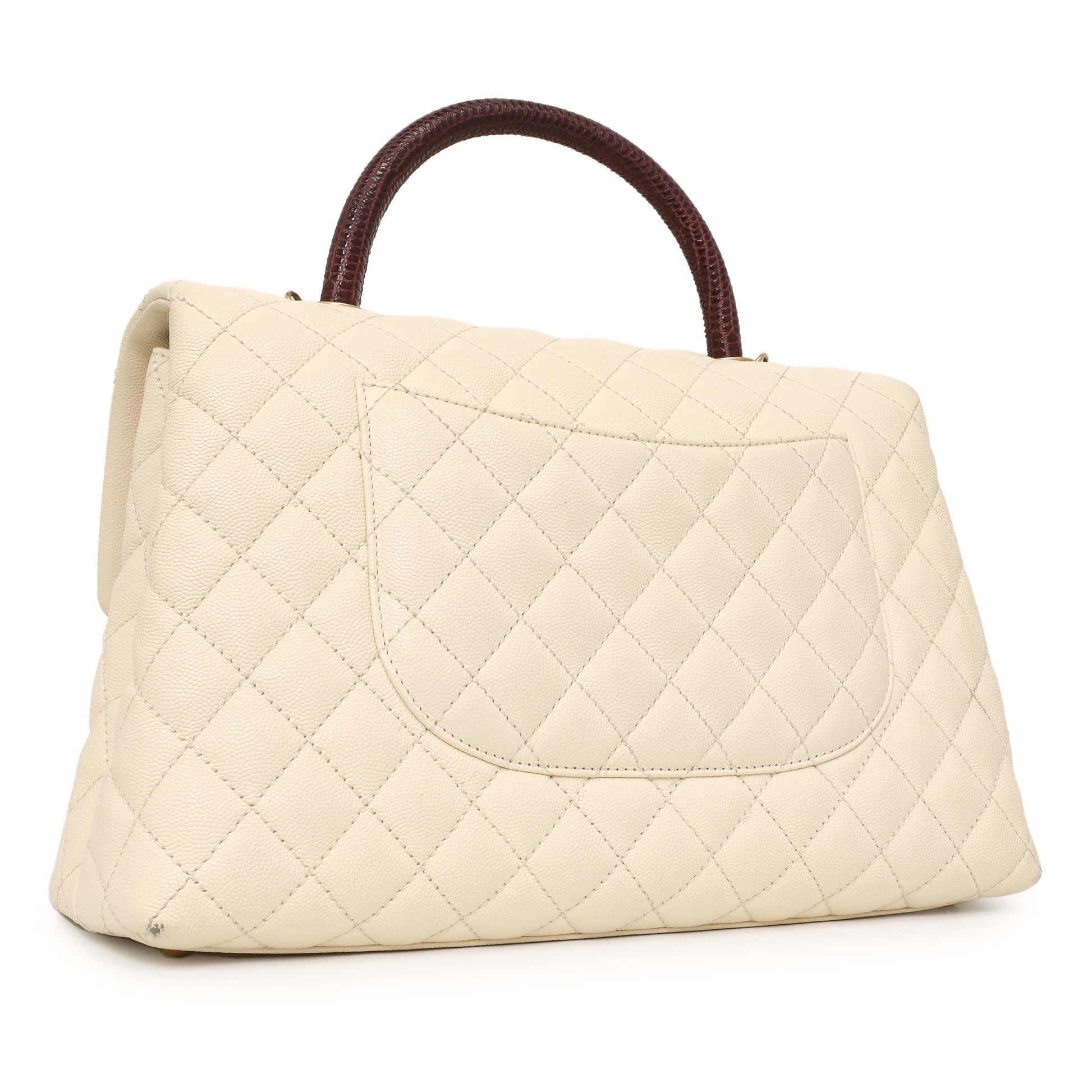 Exclusive Chanel Ivory Quilted Caviar Lizard Medium Coco Handle — Side View