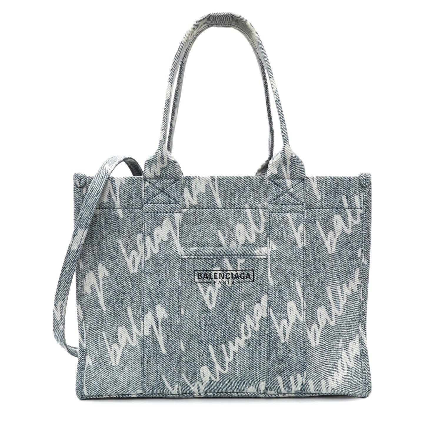Exclusive Balenciaga Small Hardware Scribble Printed Denim Tote Bag — Front View