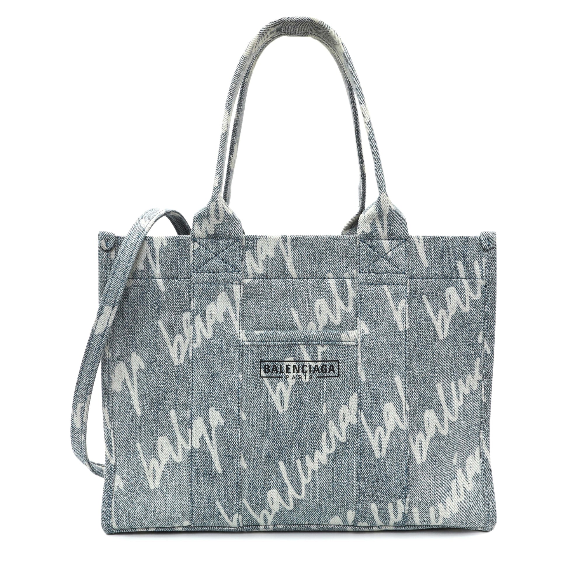 Exclusive Balenciaga Small Hardware Scribble Printed Denim Tote Bag — Front View