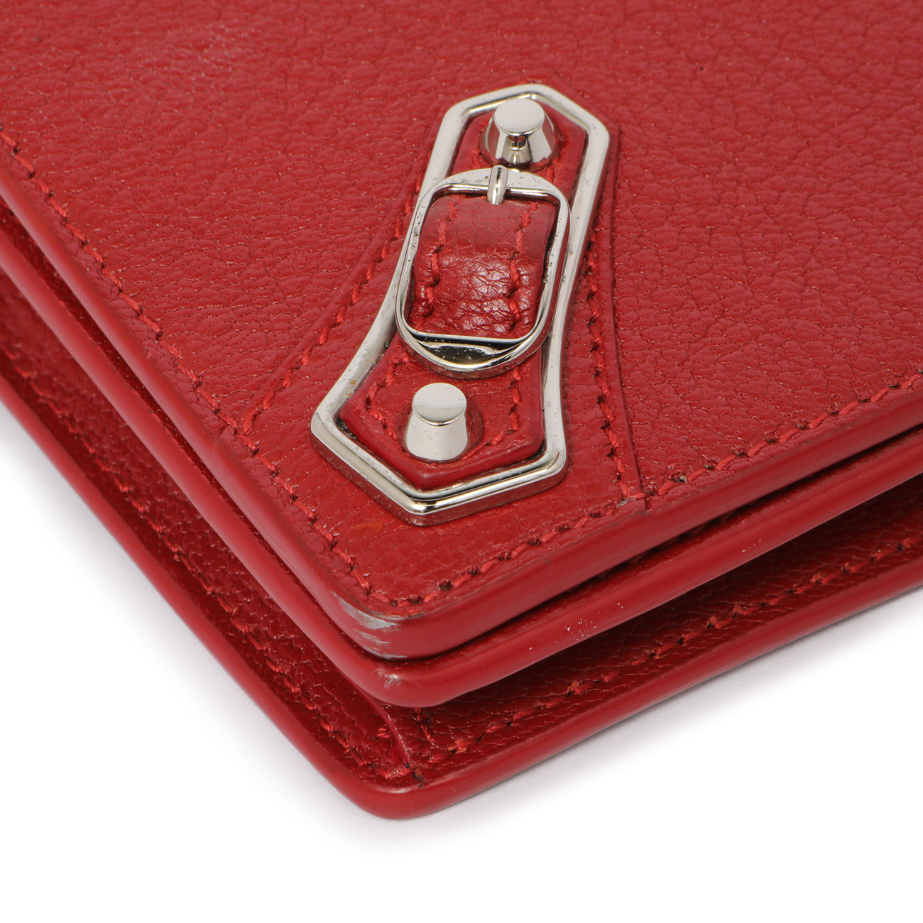 Exclusive Balenciaga Rouge Groseille Chevre Metallic Edge Wallet on Chain — Lifestyle View