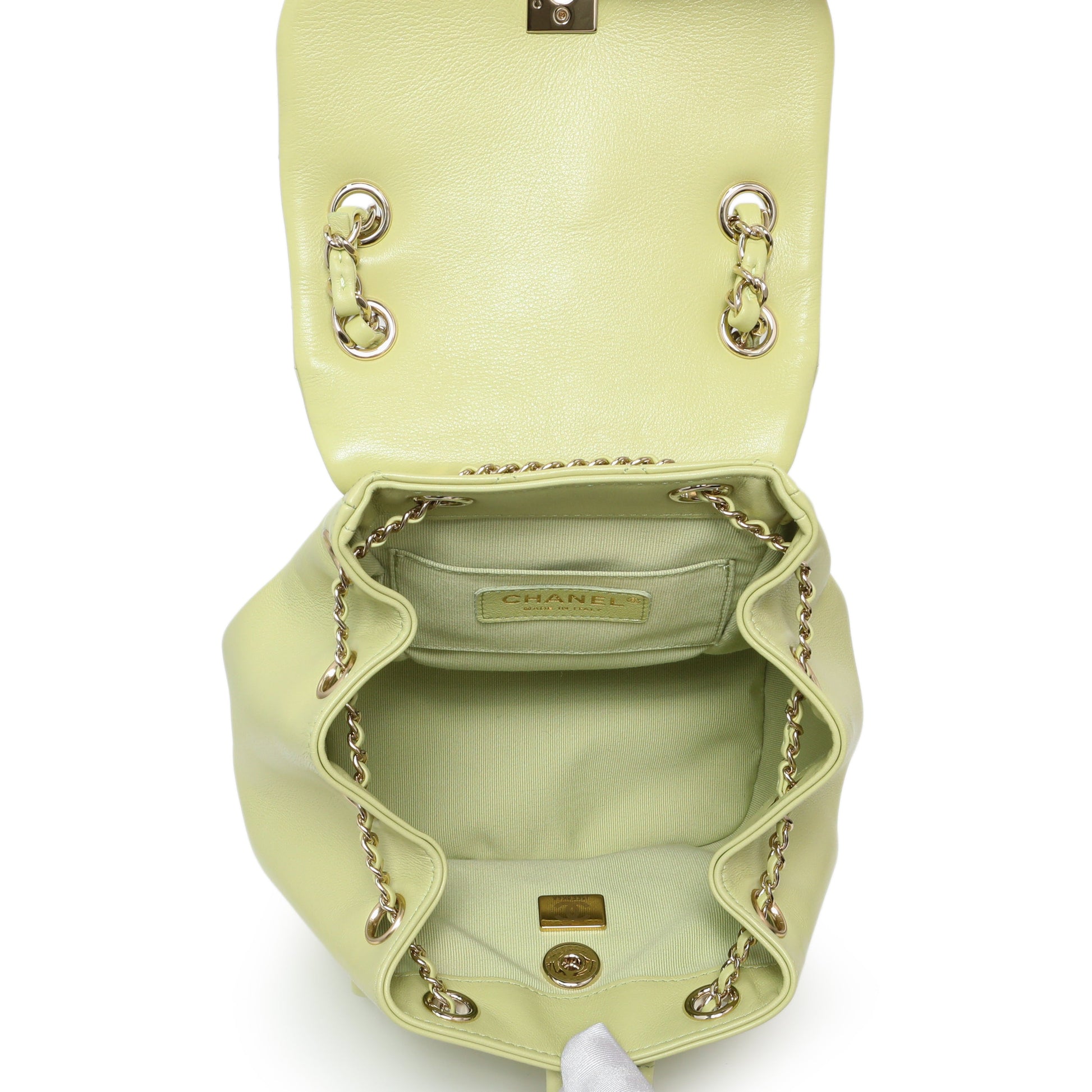Exclusive Chanel Green Quilted Lambskin Small Duma Drawstring Backpack — Top View